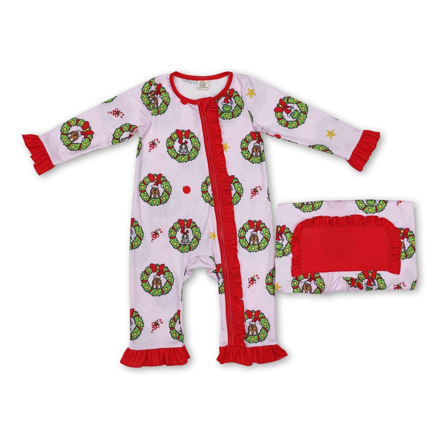 Pink-grüner Strampler mit Rüschen und Reißverschluss für Baby-Mädchen zu Weihnachten