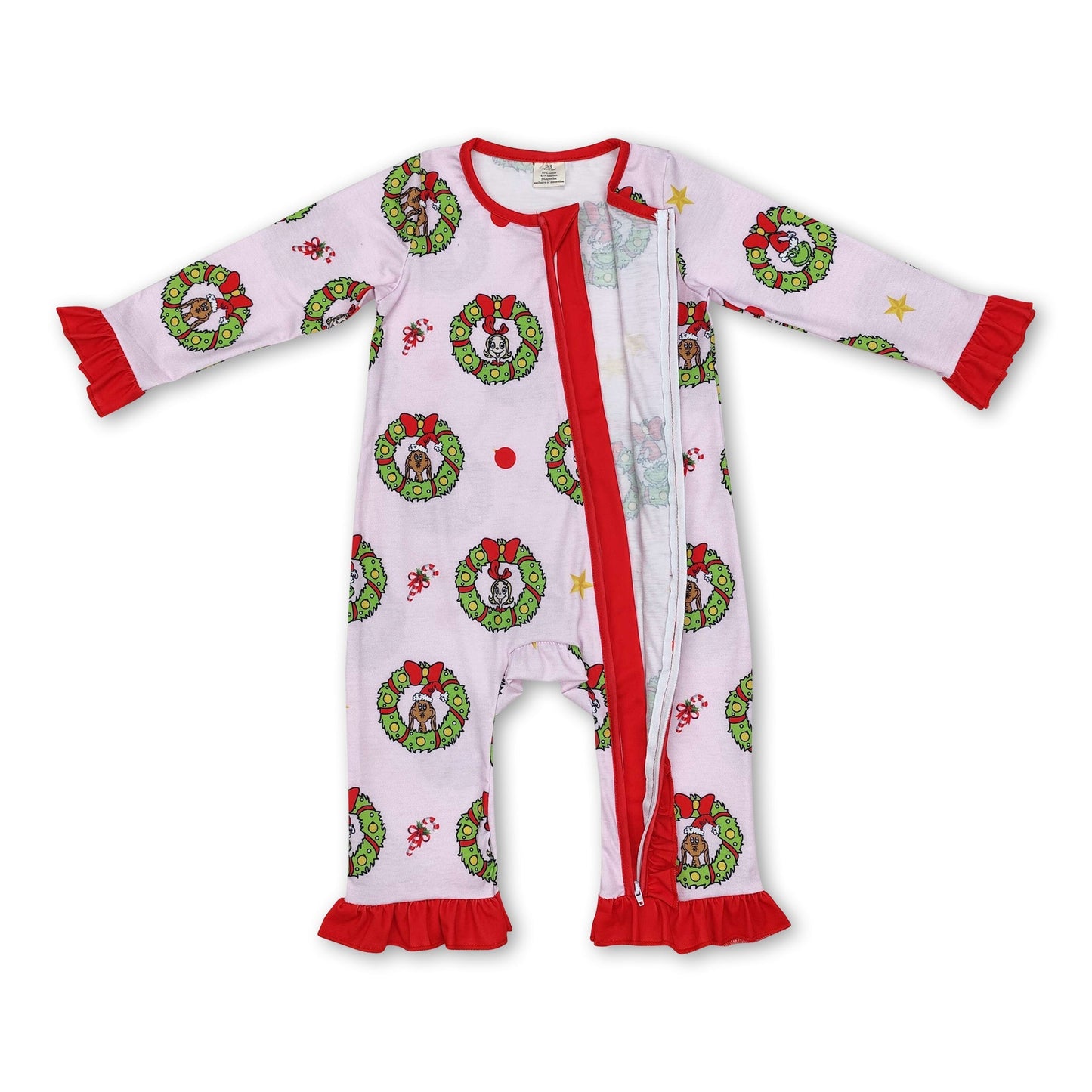 Pink-grüner Strampler mit Rüschen und Reißverschluss für Baby-Mädchen zu Weihnachten