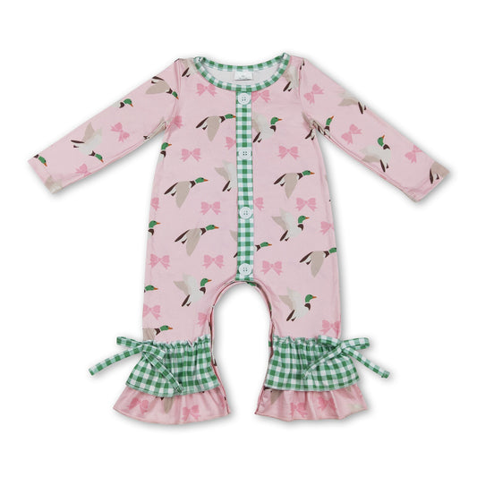 Grün karierter Strampler mit Rüschen und Enten-Schleife für Baby-Mädchen