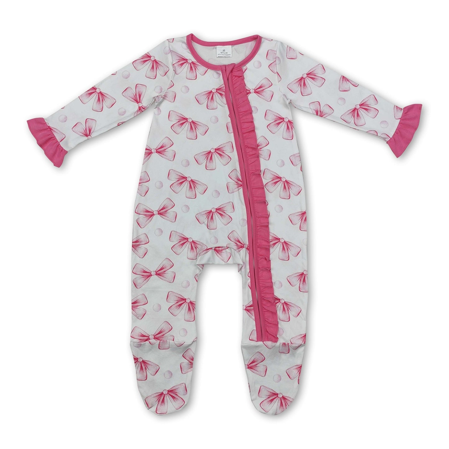Langarm-Strampler mit Fuß, rosa Schleife und Rüschen für Mädchen