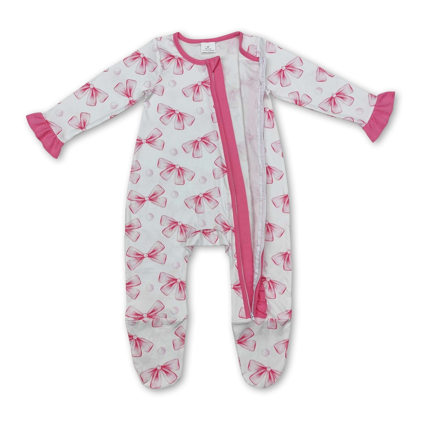 Langarm-Strampler mit Fuß, rosa Schleife und Rüschen für Mädchen