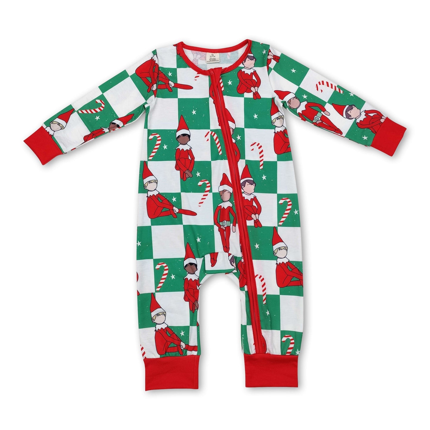 Roter karierter Baby-Strampler mit Reißverschluss und Weihnachtsmütze