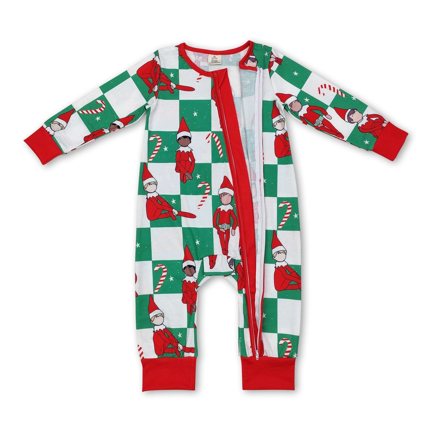 Roter karierter Baby-Strampler mit Reißverschluss und Weihnachtsmütze