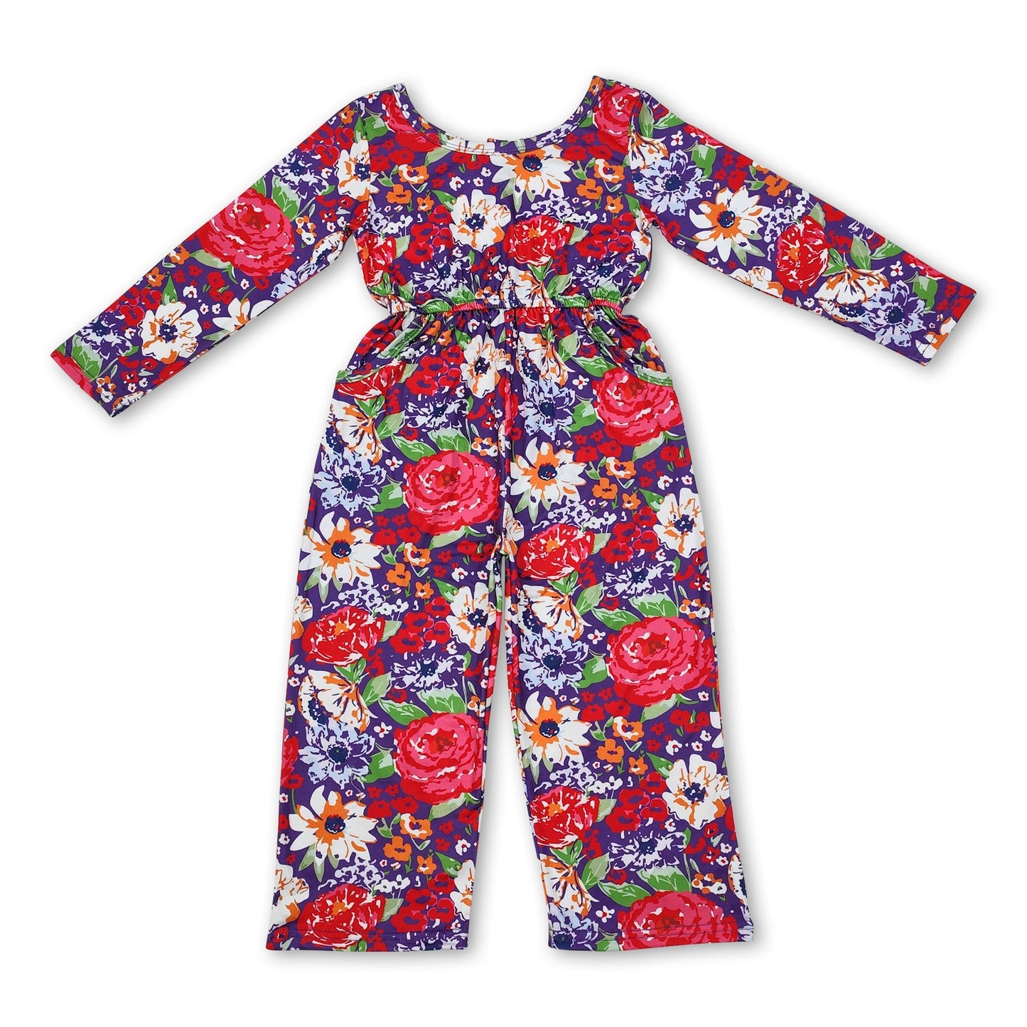 Langärmeliger rot-lila geblümter Overall für kleine Mädchen