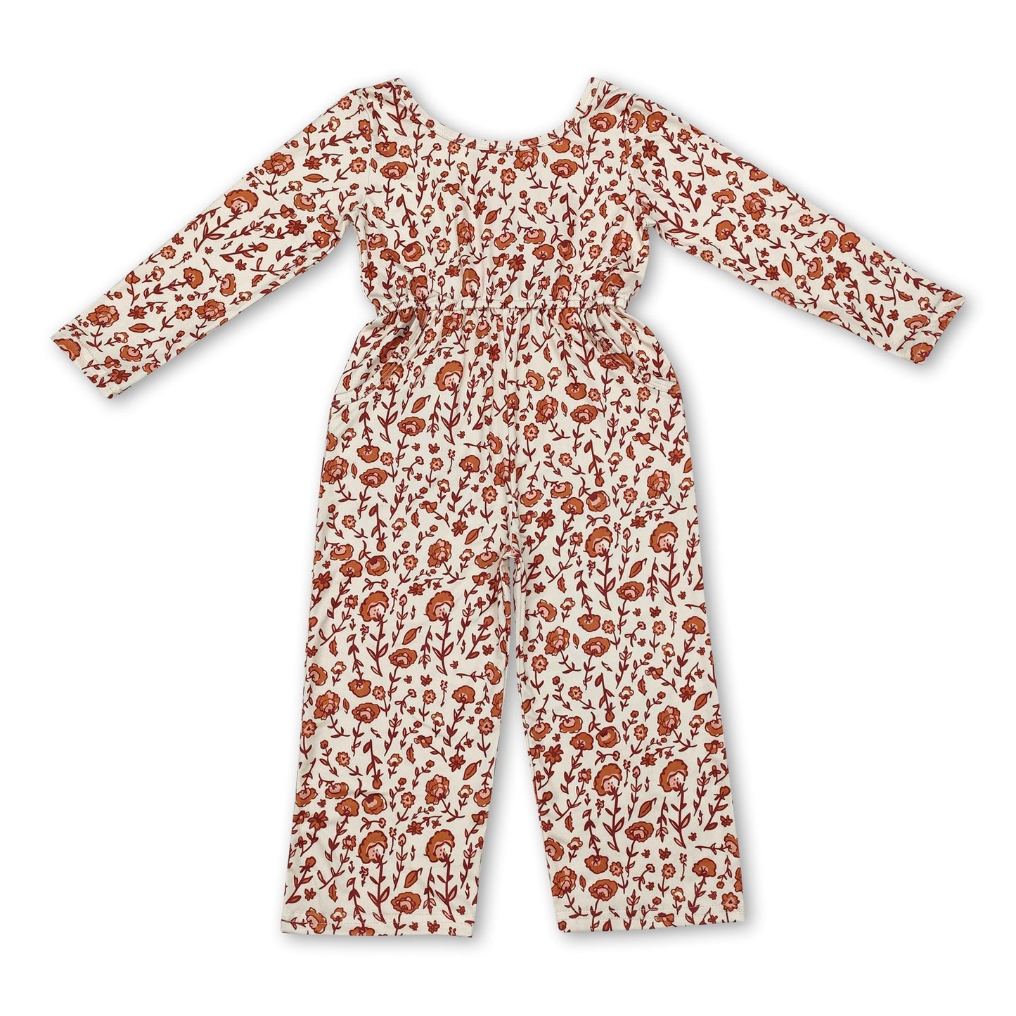 Langärmeliger braun-beiger geblümter Herbst-Jumpsuit für Mädchen