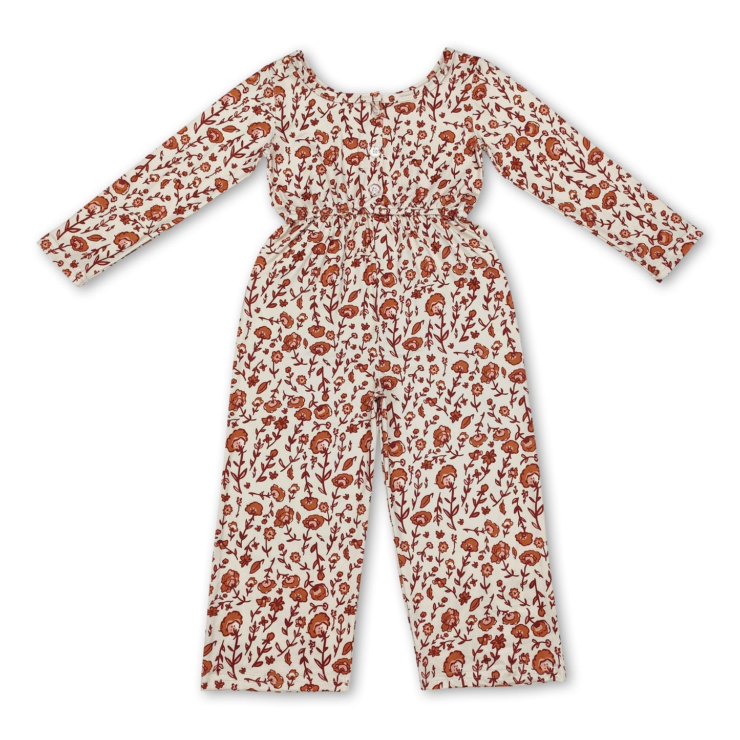 Langärmeliger braun-beiger geblümter Herbst-Jumpsuit für Mädchen