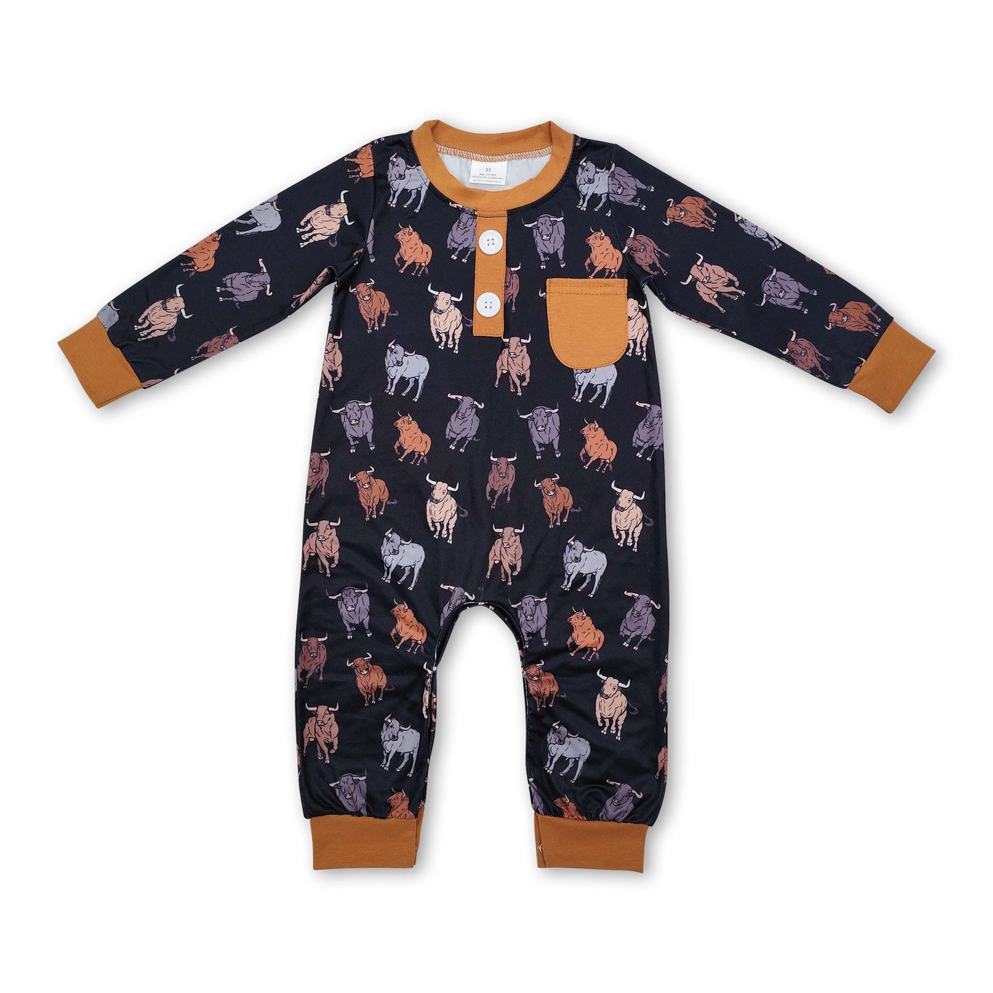 Langarm-Strampler für Baby-Jungen im Western-Look mit Kuhmuster und Tasche