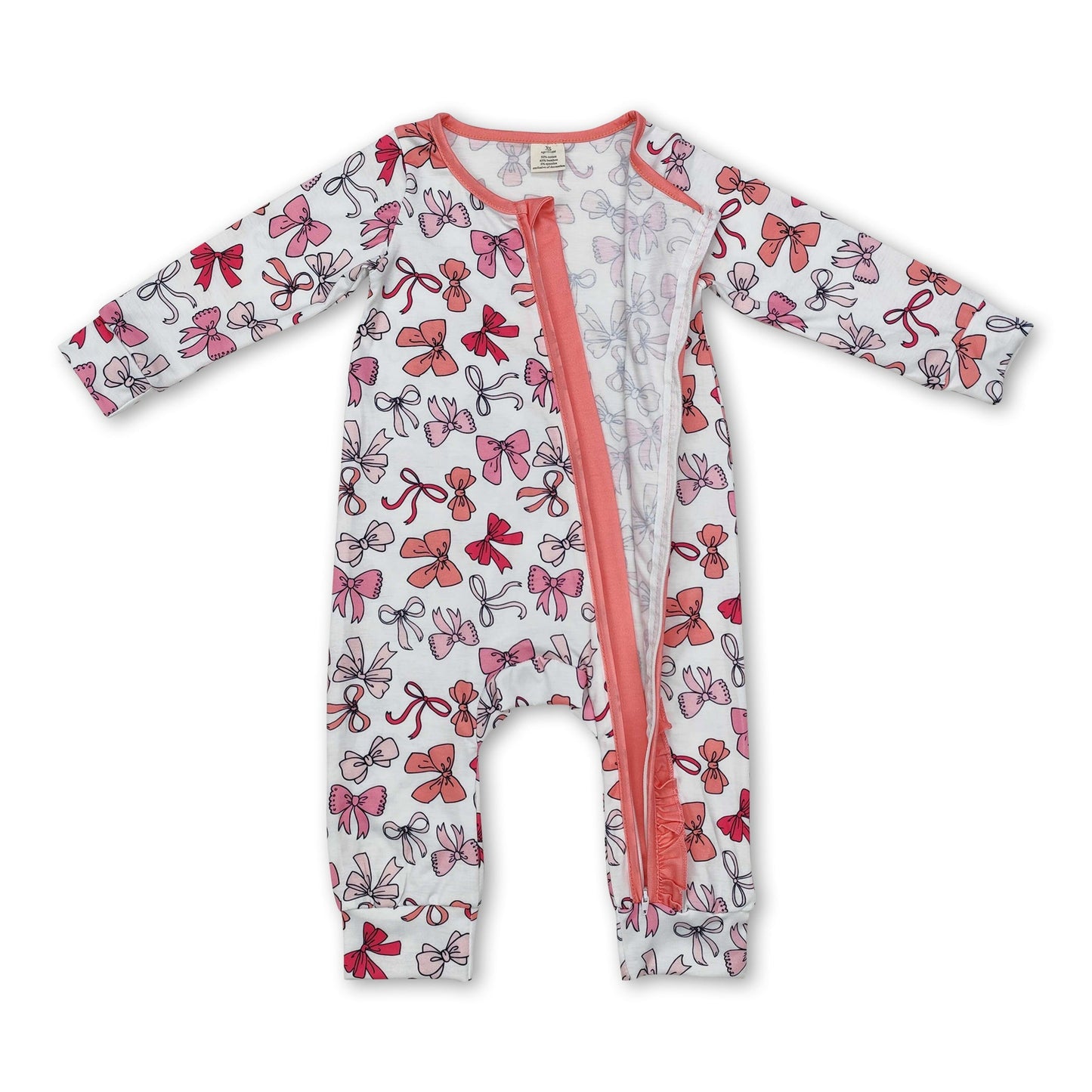 Strampler für Baby-Mädchen, rosa Rüschen, lange Ärmel, Schleife, Reißverschluss