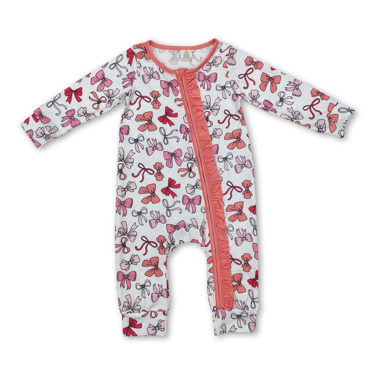 Strampler für Baby-Mädchen, rosa Rüschen, lange Ärmel, Schleife, Reißverschluss