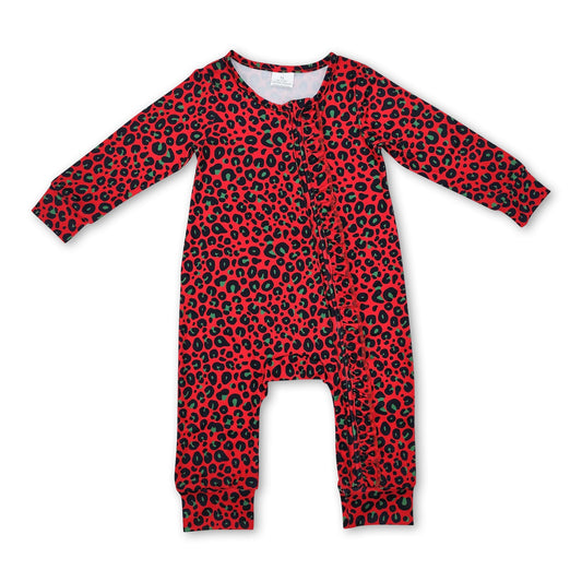 Grüner roter Leopard Baby Mädchen Weihnachtsreißverschluss Strampler