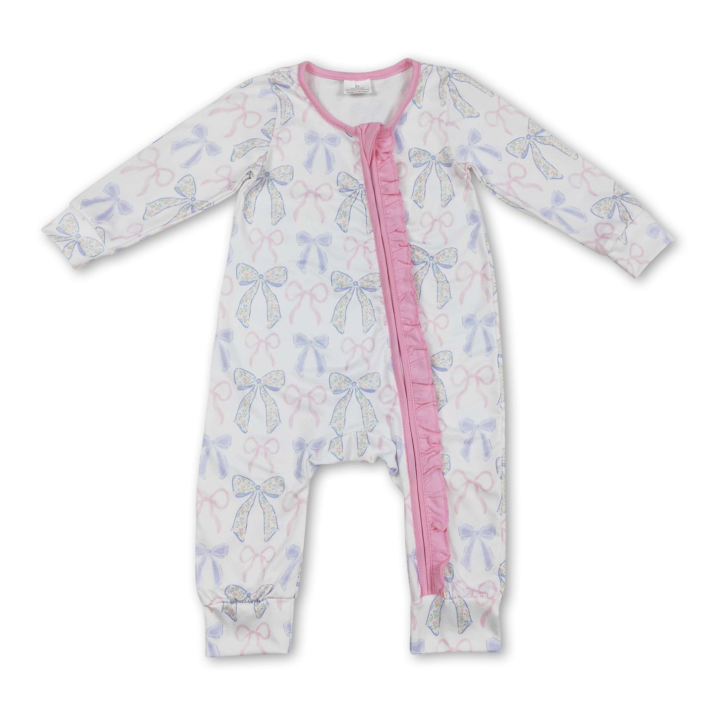 Langarm-Strampler für Baby-Mädchen, rosa, Rüschen, Schleife, Reißverschluss