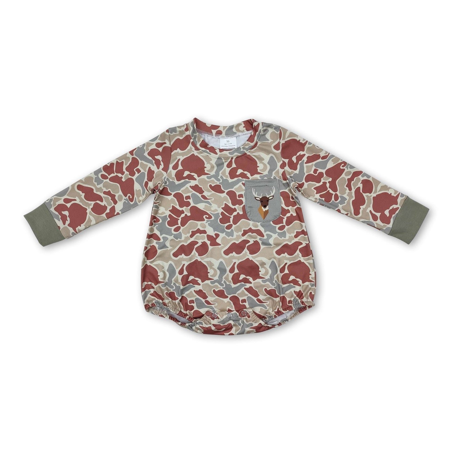 Langarm brauner Camo-Hirsch Strampler mit Tasche für Babyjungen