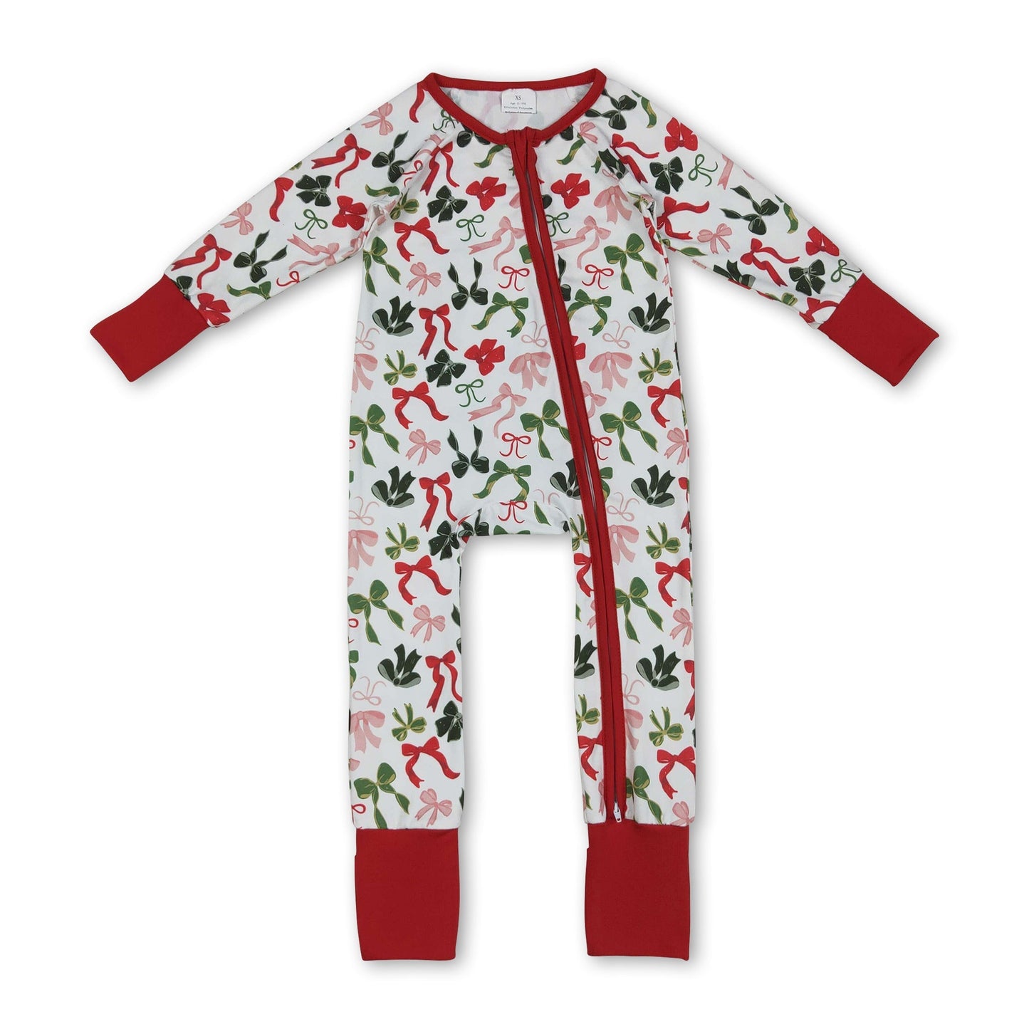 Langarm rot grüne Schleifen Baby Weihnachts-Strampler mit Reißverschluss