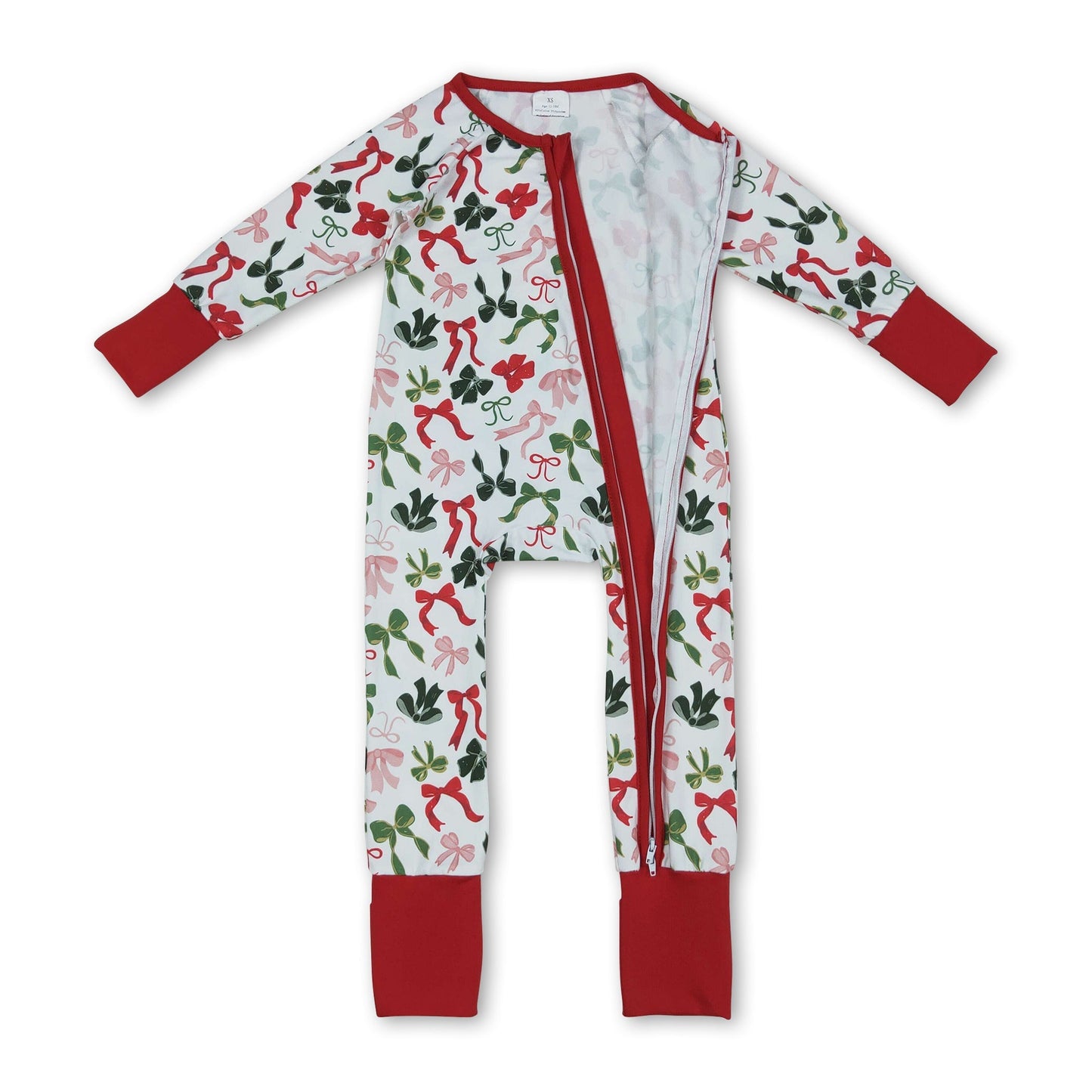 Langarm rot grüne Schleifen Baby Weihnachts-Strampler mit Reißverschluss