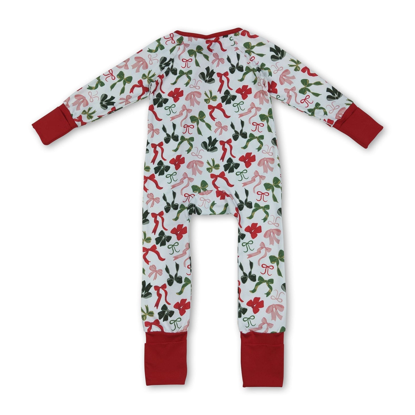 Langarm rot grüne Schleifen Baby Weihnachts-Strampler mit Reißverschluss