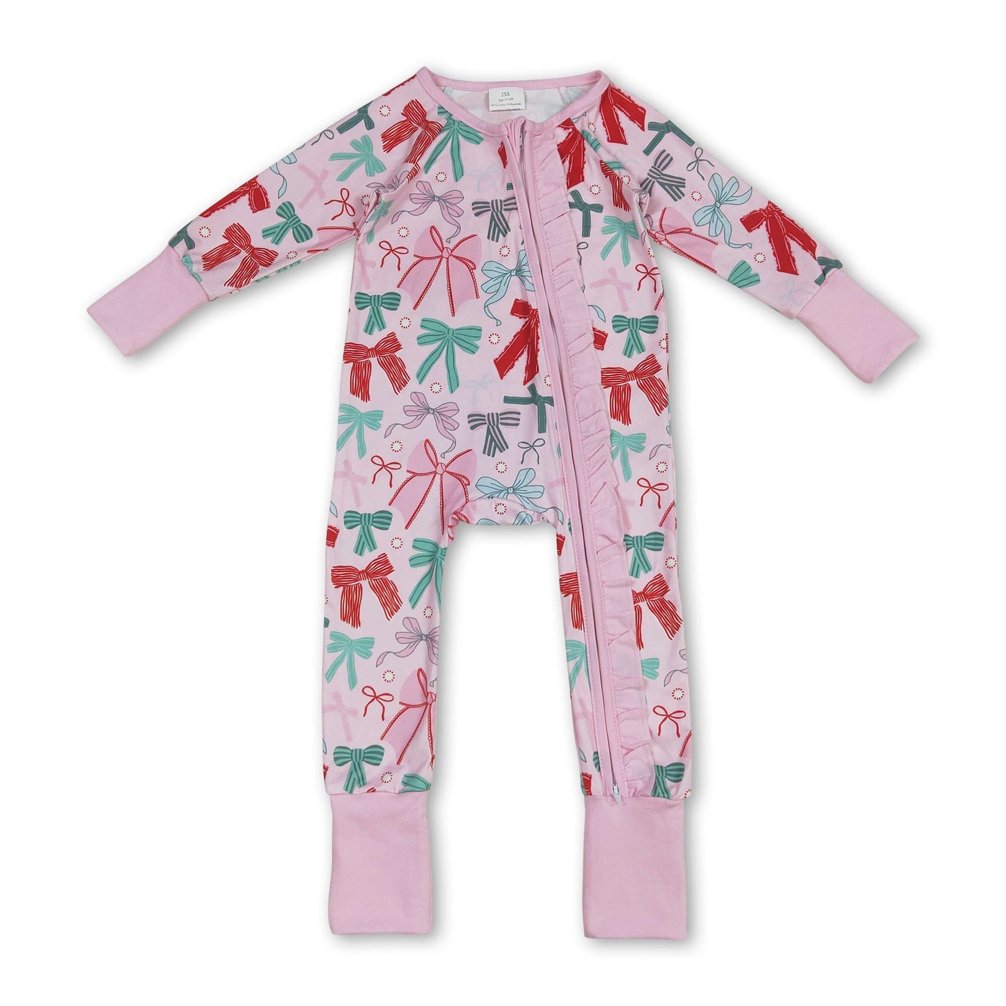 Pinke langärmlige Strampler mit Schleifen und Reißverschluss für Baby-Mädchen zu Weihnachten