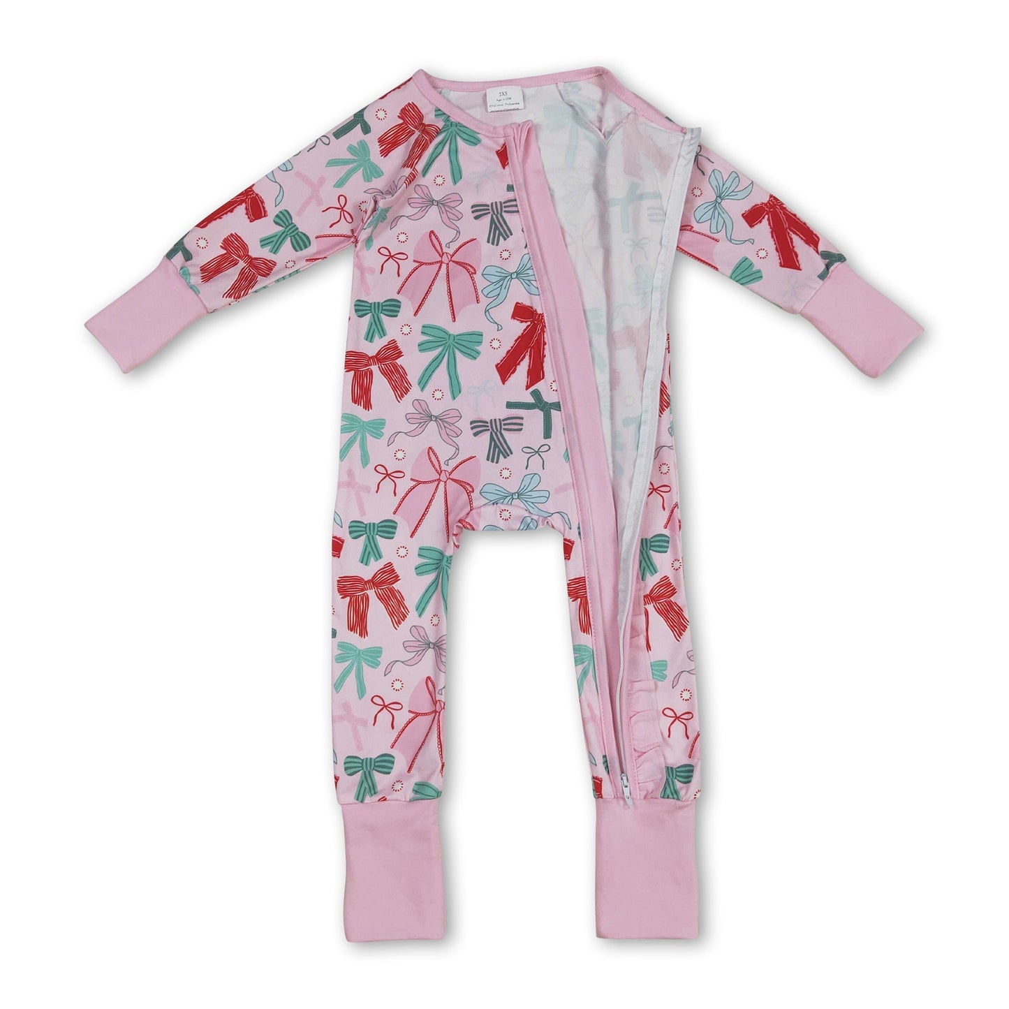 Pinke langärmlige Strampler mit Schleifen und Reißverschluss für Baby-Mädchen zu Weihnachten