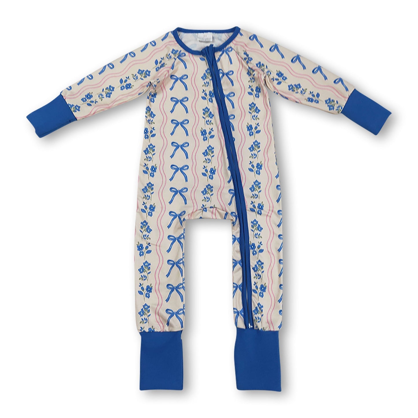 Langärmliger blauer Strampler mit Schleife und Blumenmuster für Baby-Mädchen mit Reißverschluss