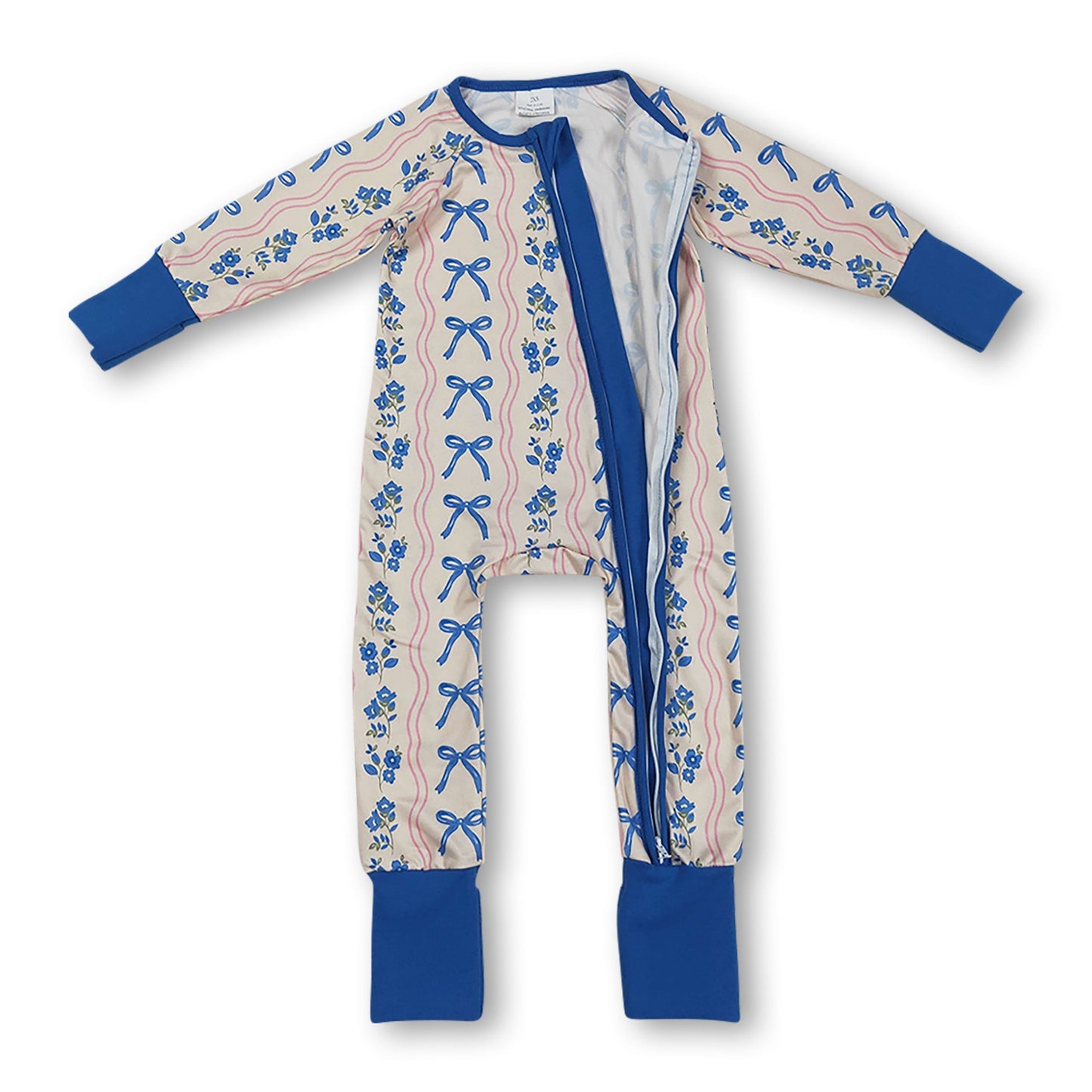 Langärmliger blauer Strampler mit Schleife und Blumenmuster für Baby-Mädchen mit Reißverschluss