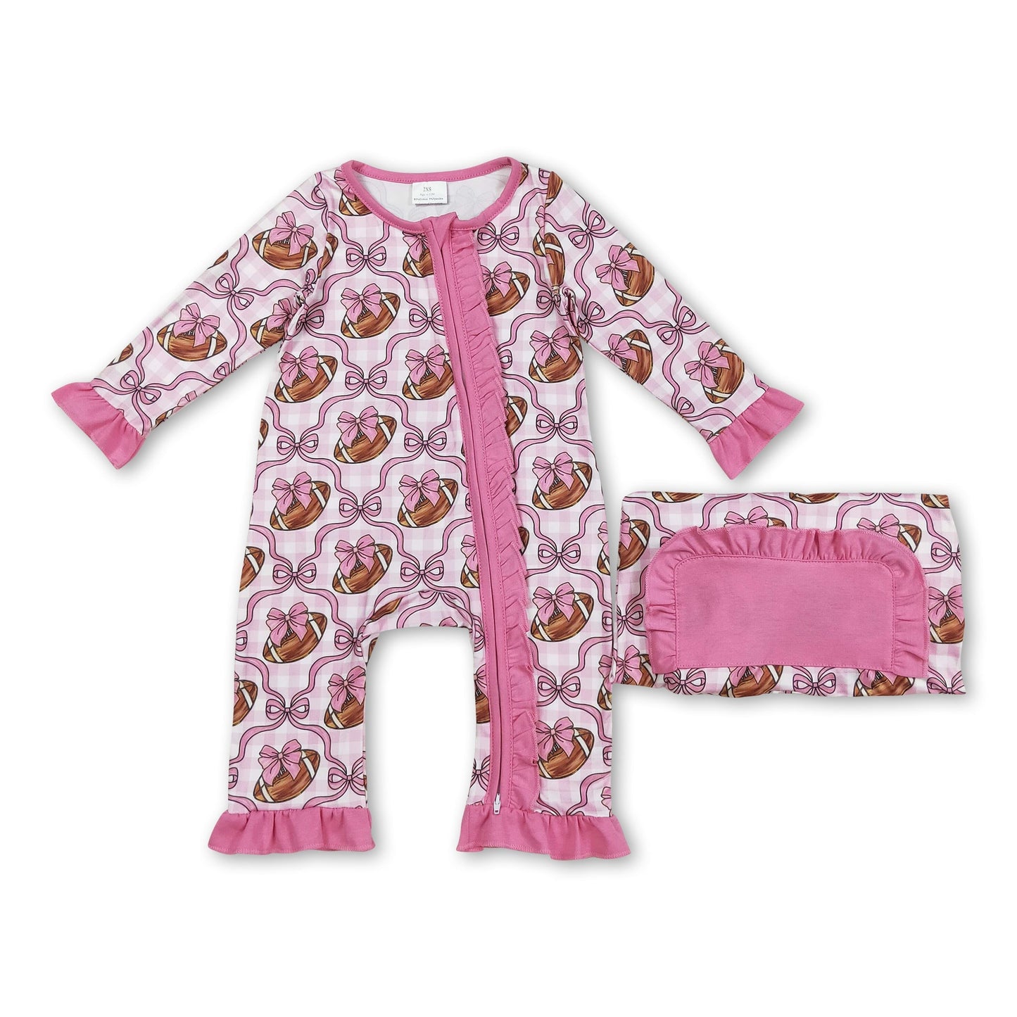 Strampler für Babymädchen, pink, Rüschen, lange Ärmel, Football-Schleife, Reißverschluss