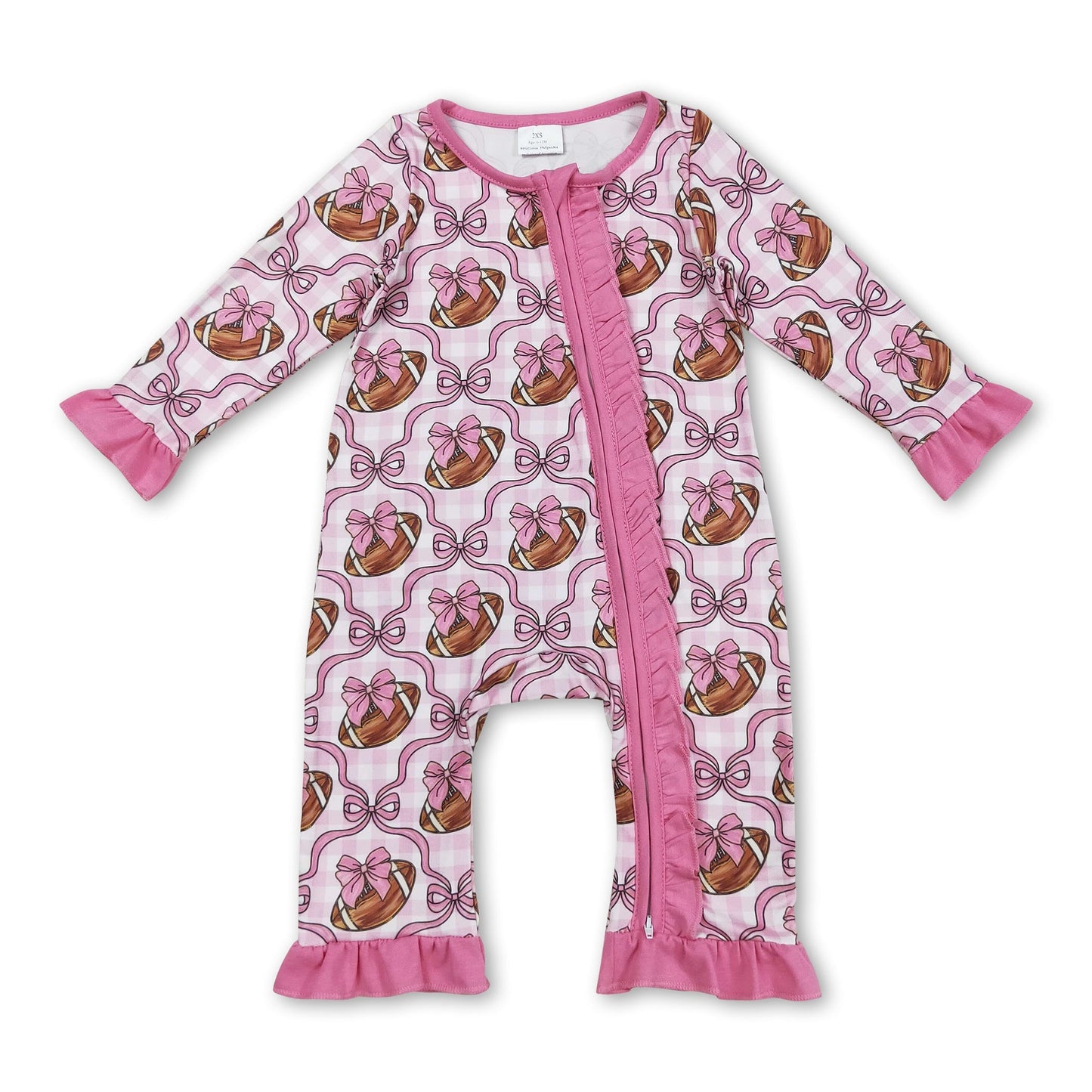 Strampler für Babymädchen, pink, Rüschen, lange Ärmel, Football-Schleife, Reißverschluss
