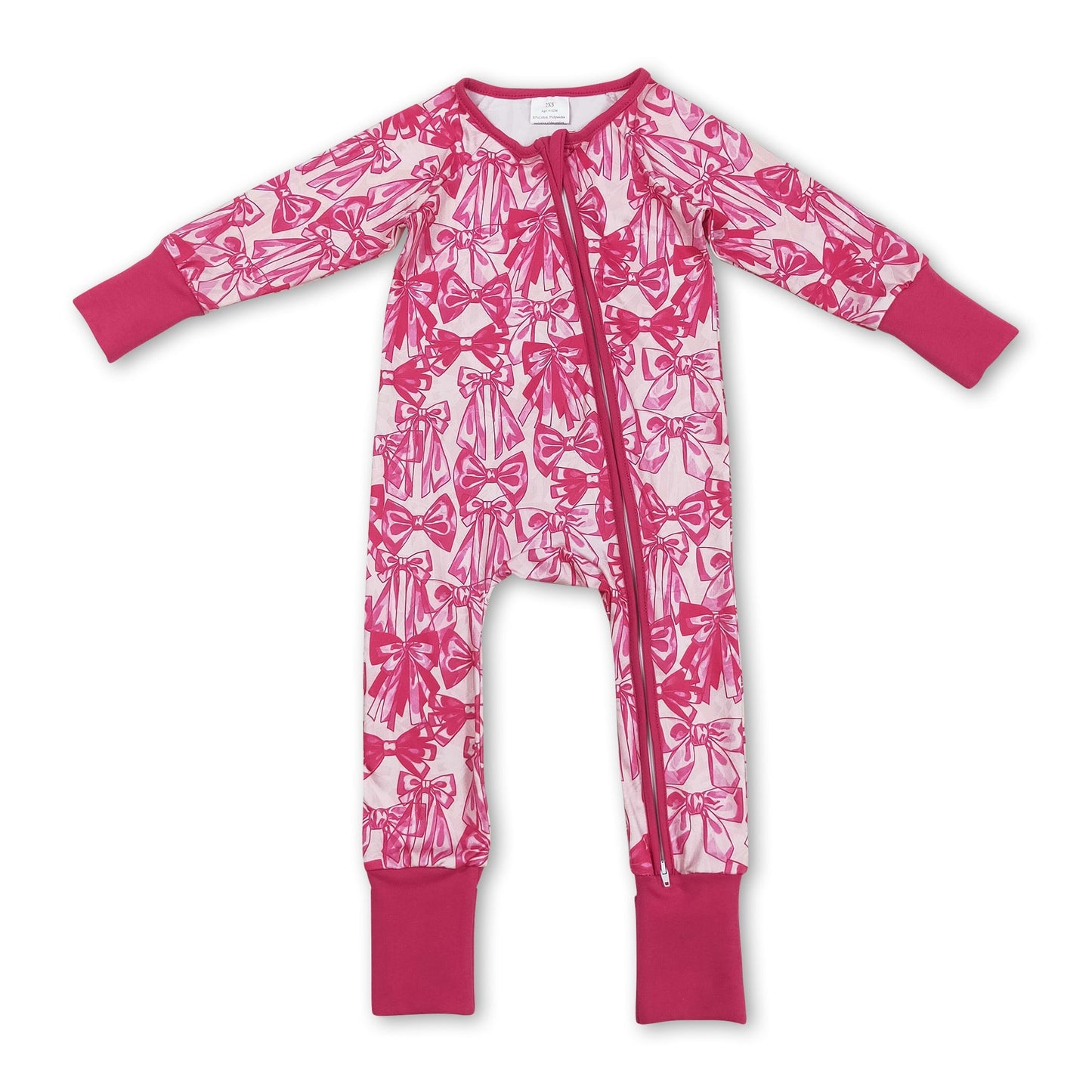 Langärmeliger, pinkfarbener Strampler mit Schleife und Reißverschluss für Baby-Mädchen