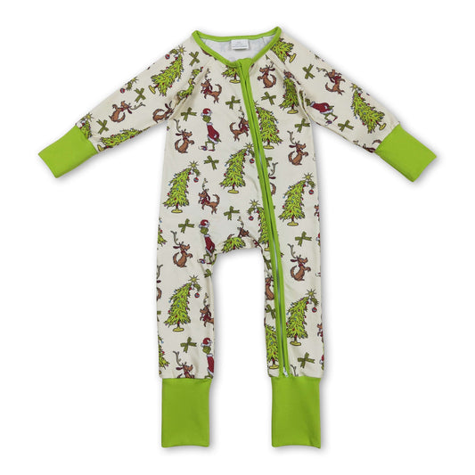 Grüner Gesichtsbogen Weihnachtsbaum Baby Mädchen Reißverschluss-Strampler