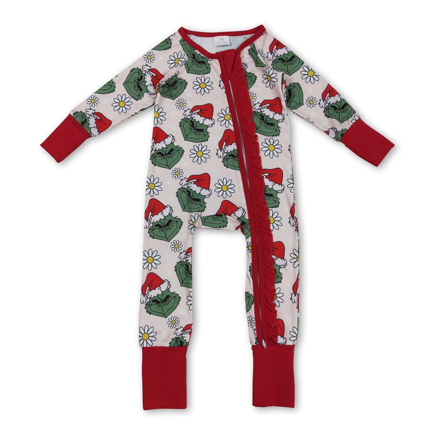 Blumengrüner Baby-Reißverschluss-Strampler mit Weihnachtsmütze