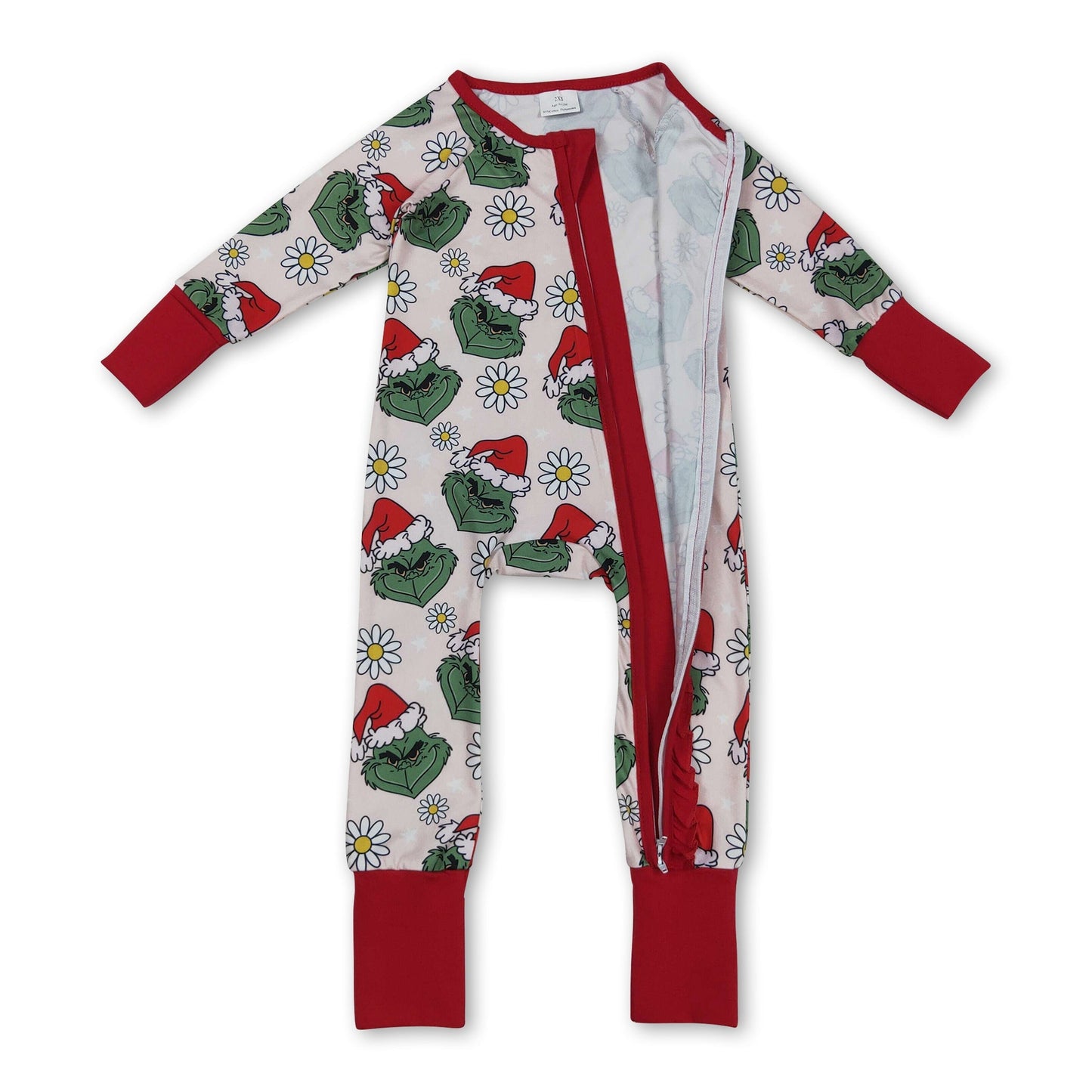 Blumengrüner Baby-Reißverschluss-Strampler mit Weihnachtsmütze