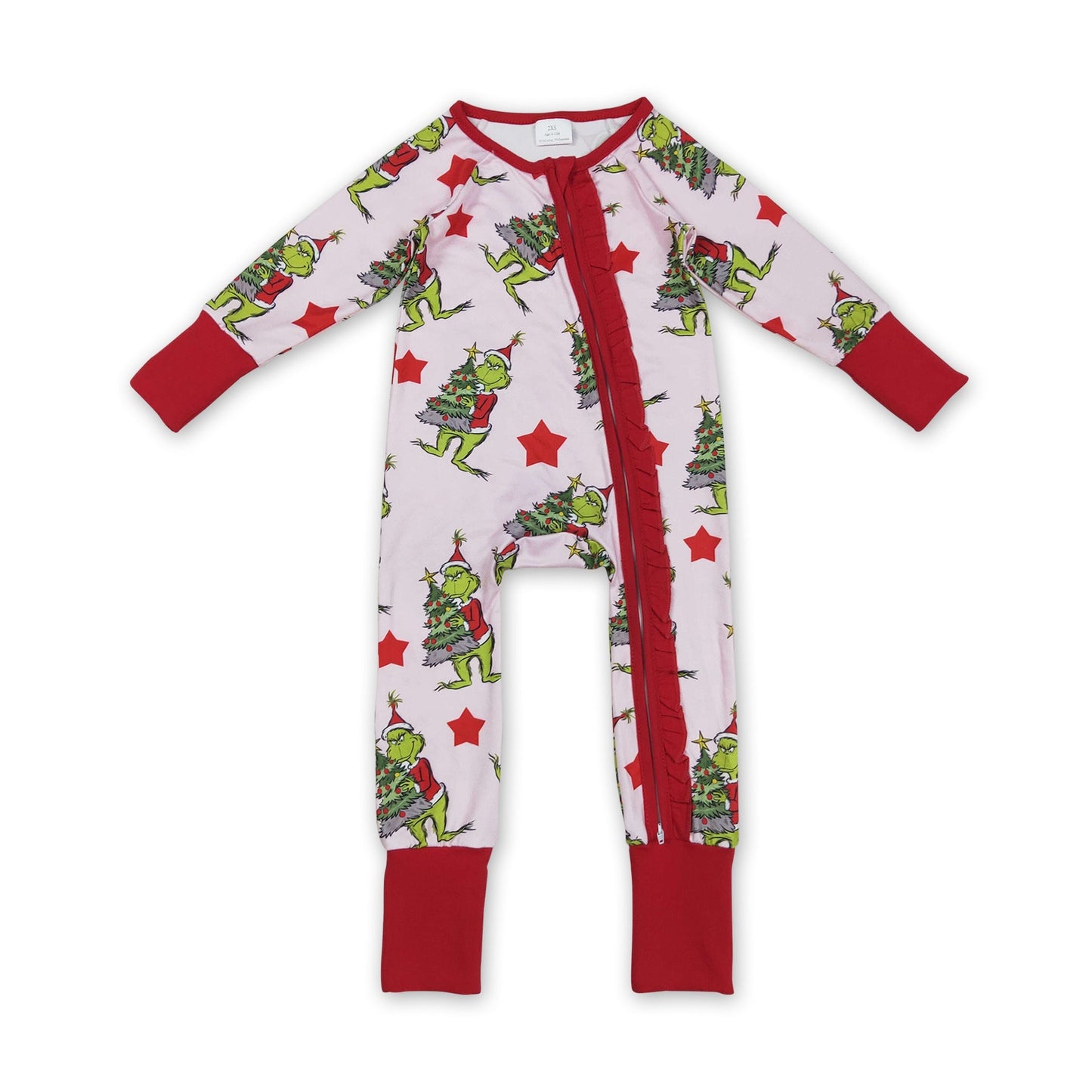 Roter Stern, grünes Gesicht, Baby-Mädchen-Weihnachts-Reißverschluss-Strampler