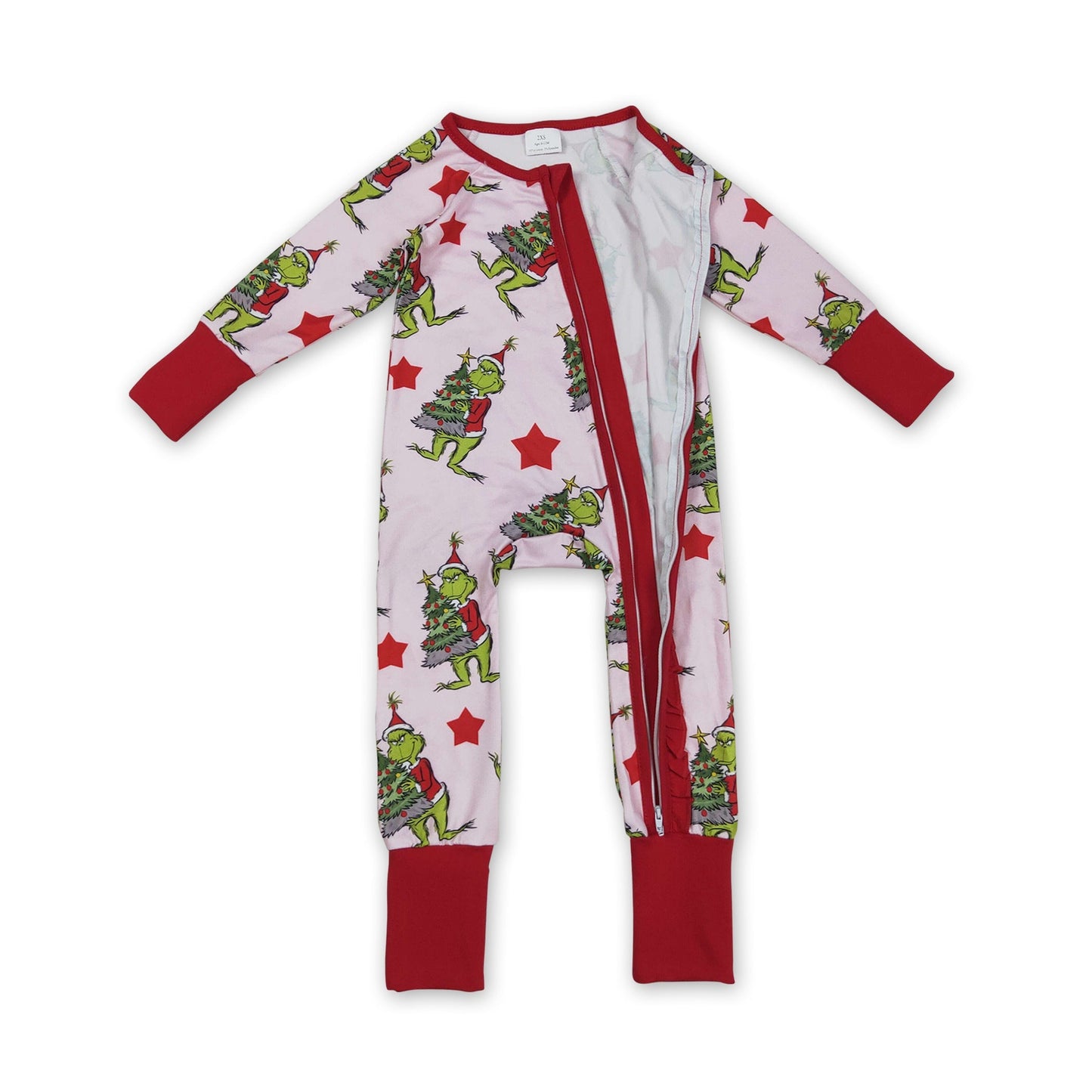 Roter Stern, grünes Gesicht, Baby-Mädchen-Weihnachts-Reißverschluss-Strampler