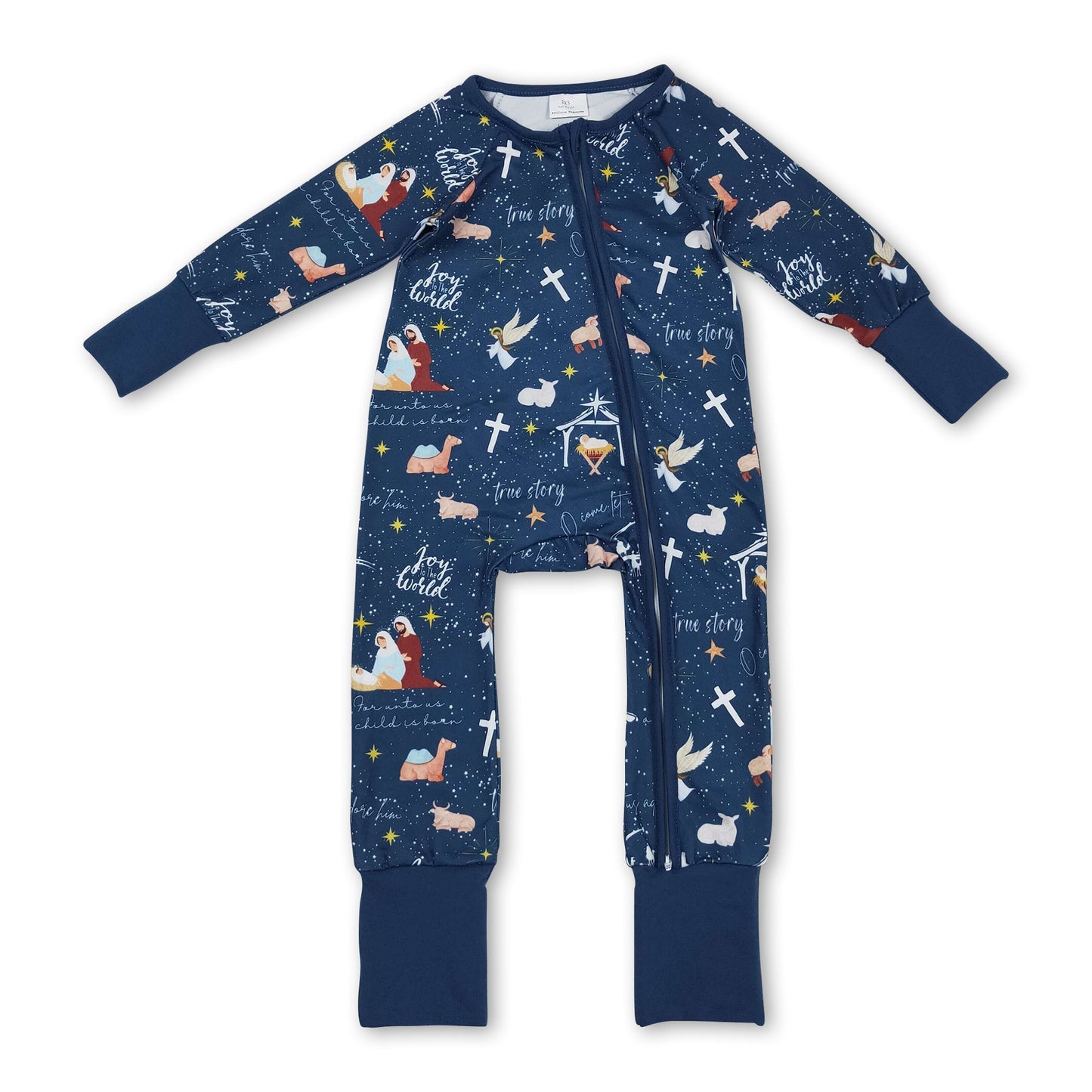 Blauer langärmliger Strampler mit Kreuzmotiv für Babys zu Weihnachten mit Reißverschluss