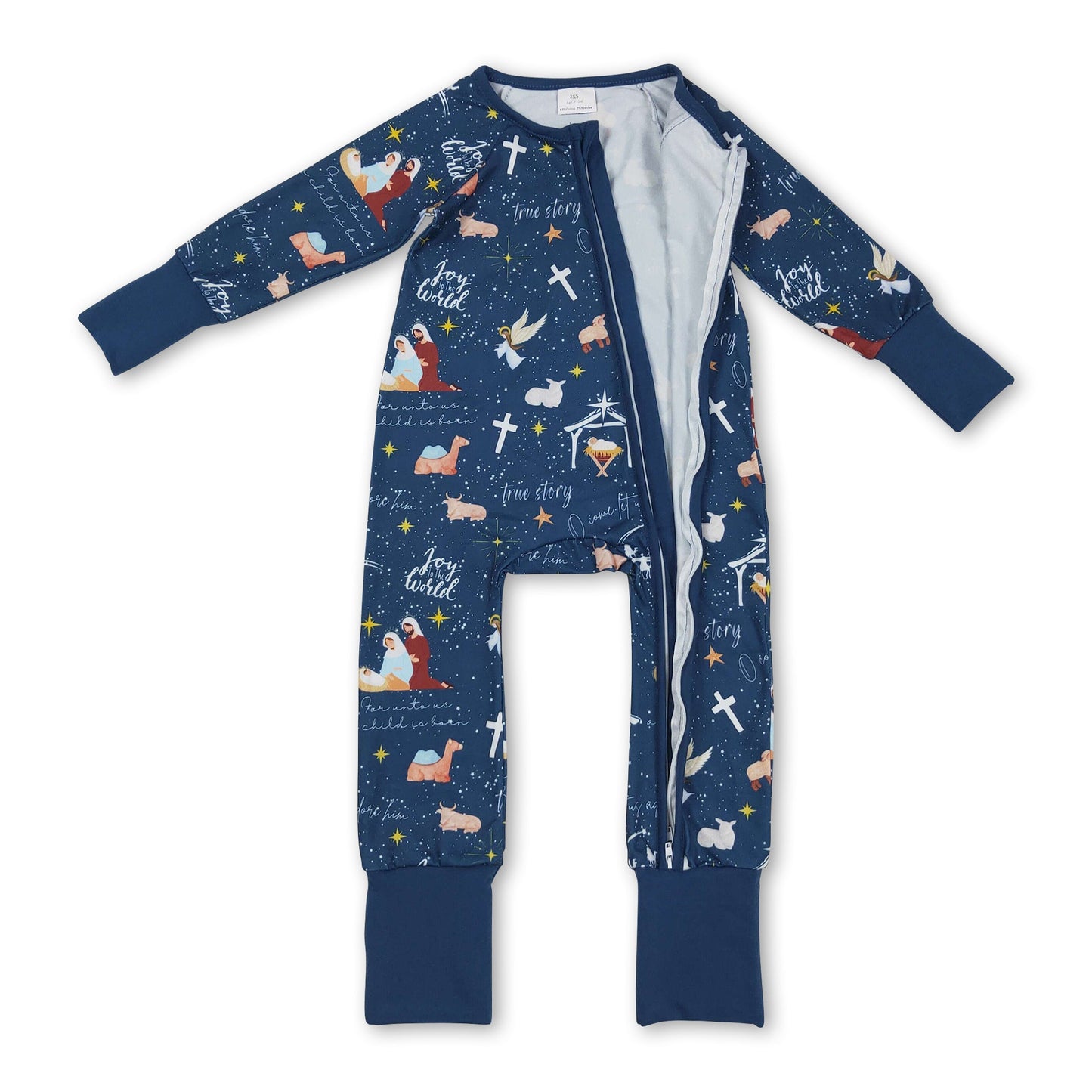 Blauer langärmliger Strampler mit Kreuzmotiv für Babys zu Weihnachten mit Reißverschluss