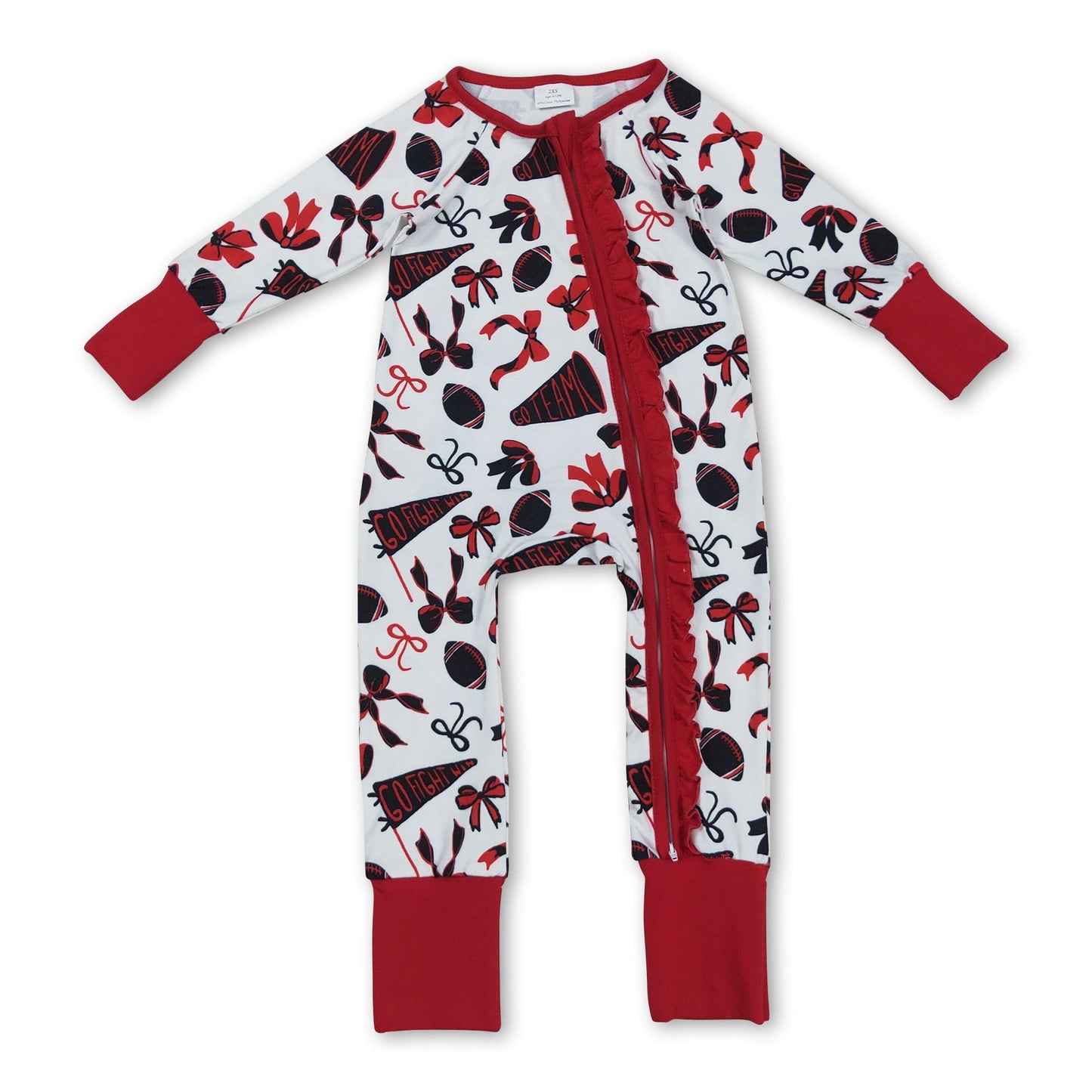 Langarm-Strampler für Baby-Mädchen, rot, Rüschen, Schleife, Reißverschluss, Fußballmotiv