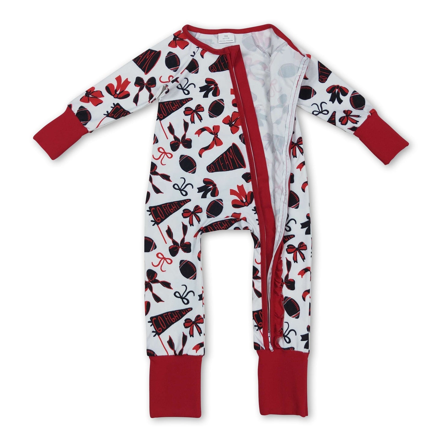 Langarm-Strampler für Baby-Mädchen, rot, Rüschen, Schleife, Reißverschluss, Fußballmotiv