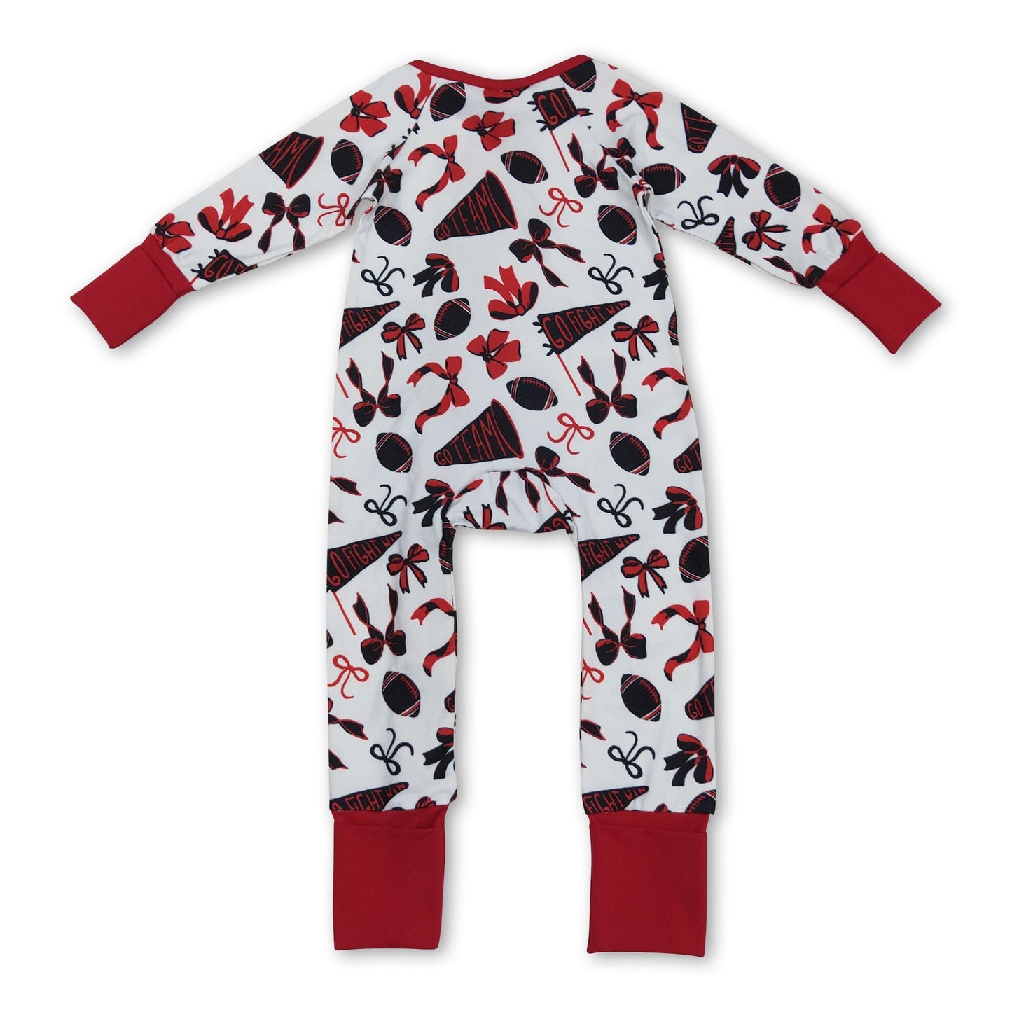 Langarm-Strampler für Baby-Mädchen, rot, Rüschen, Schleife, Reißverschluss, Fußballmotiv