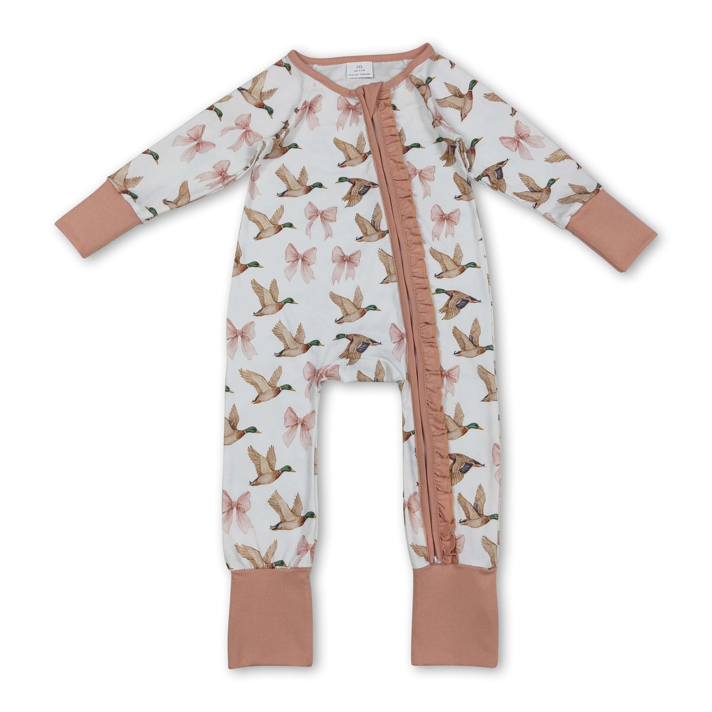 Langarm rosa Schleife Entenrüschen Baby Mädchen Reißverschluss Strampler
