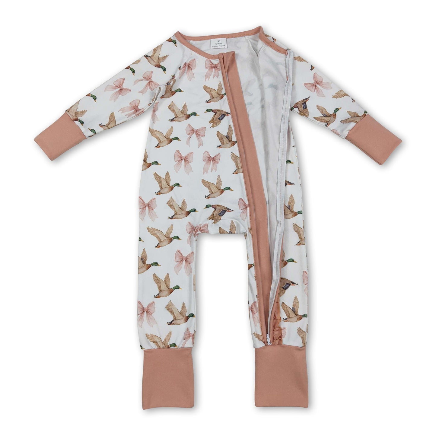 Langarm rosa Schleife Entenrüschen Baby Mädchen Reißverschluss Strampler