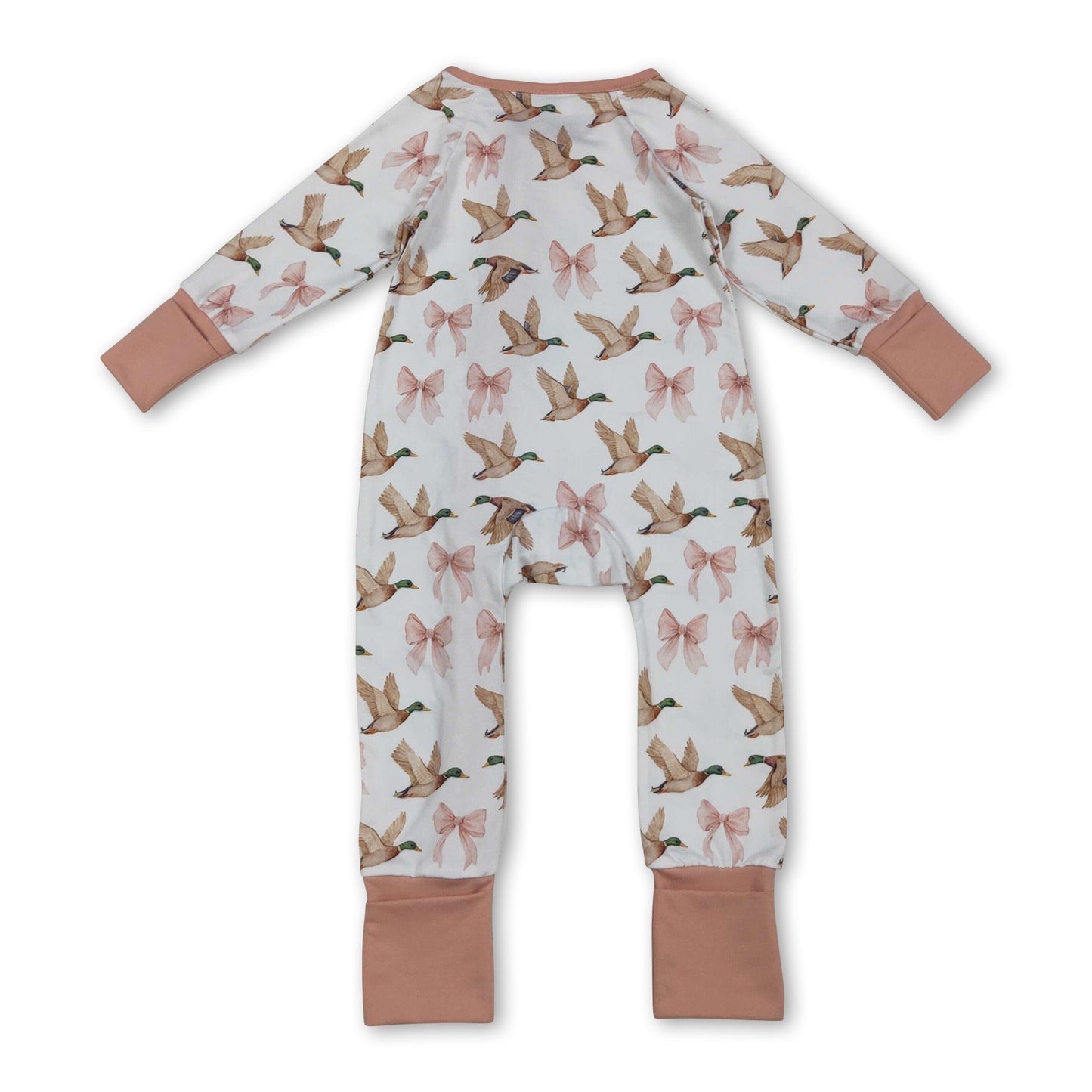 Langarm rosa Schleife Entenrüschen Baby Mädchen Reißverschluss Strampler