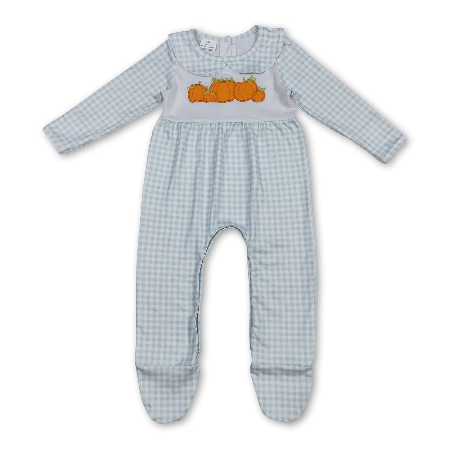 Langärmeliger karierter Kürbis-Baby-Jungen-Strampler für den Herbst mit Füßen