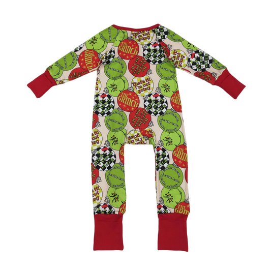 Grüner Gesichtsornament-Baby-Weihnachts-Reißverschluss-Strampler