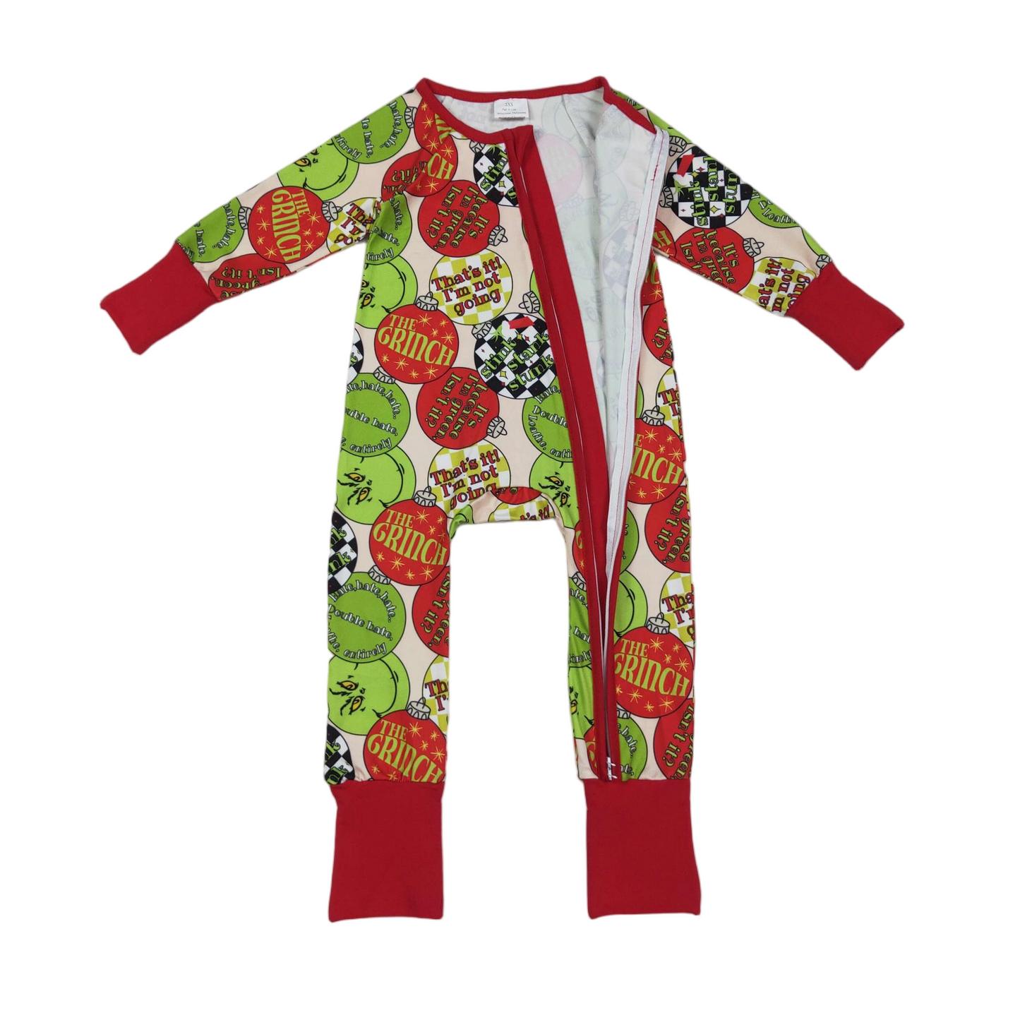Grüner Gesichtsornament-Baby-Weihnachts-Reißverschluss-Strampler