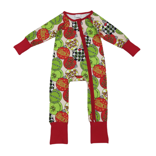 Grüner Gesichtsornament-Baby-Weihnachts-Reißverschluss-Strampler