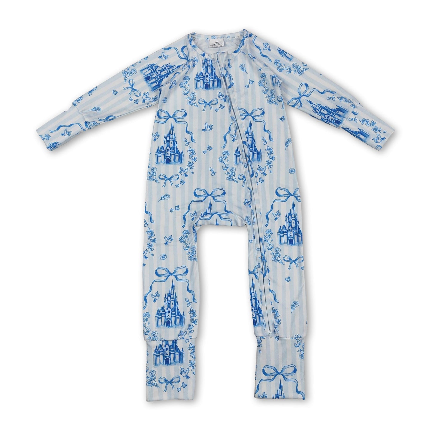 Langarm-Strampler für Mädchen mit blauem Streifen, Schleife und Schloss-Reißverschluss