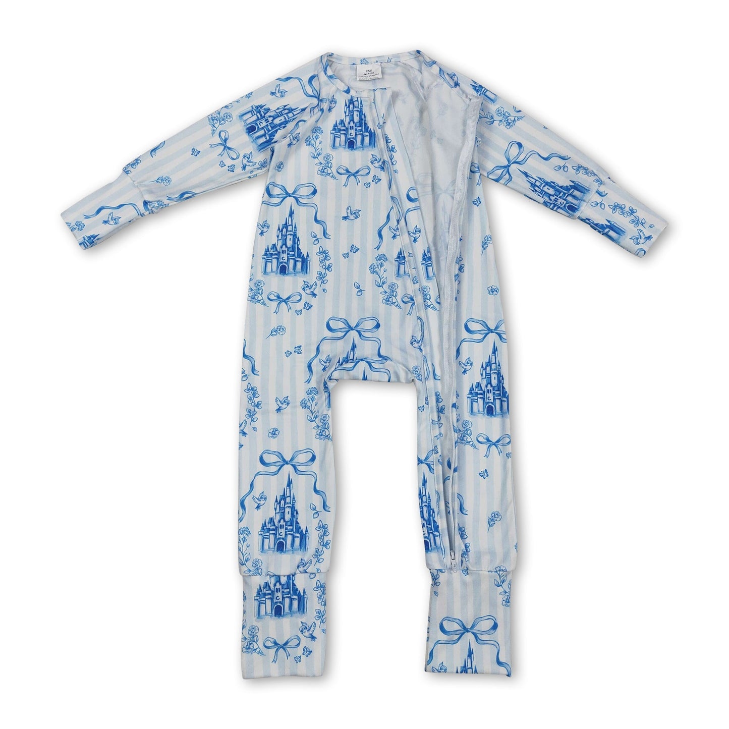 Langarm-Strampler für Mädchen mit blauem Streifen, Schleife und Schloss-Reißverschluss