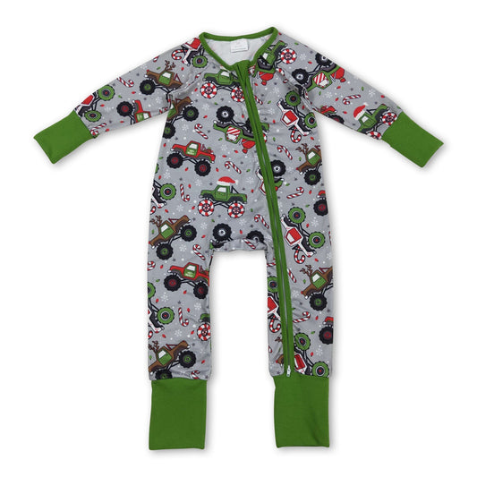 Grüner langärmeliger Weihnachtsmützen-Lkw-Baby-Strampler mit Reißverschluss