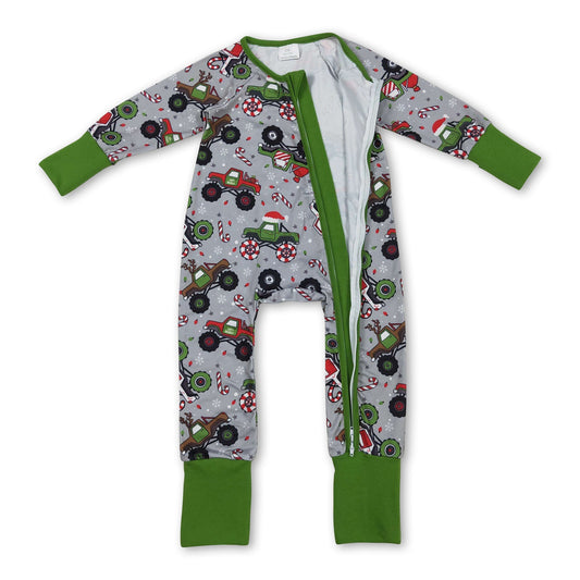 Grüner langärmeliger Weihnachtsmützen-Lkw-Baby-Strampler mit Reißverschluss