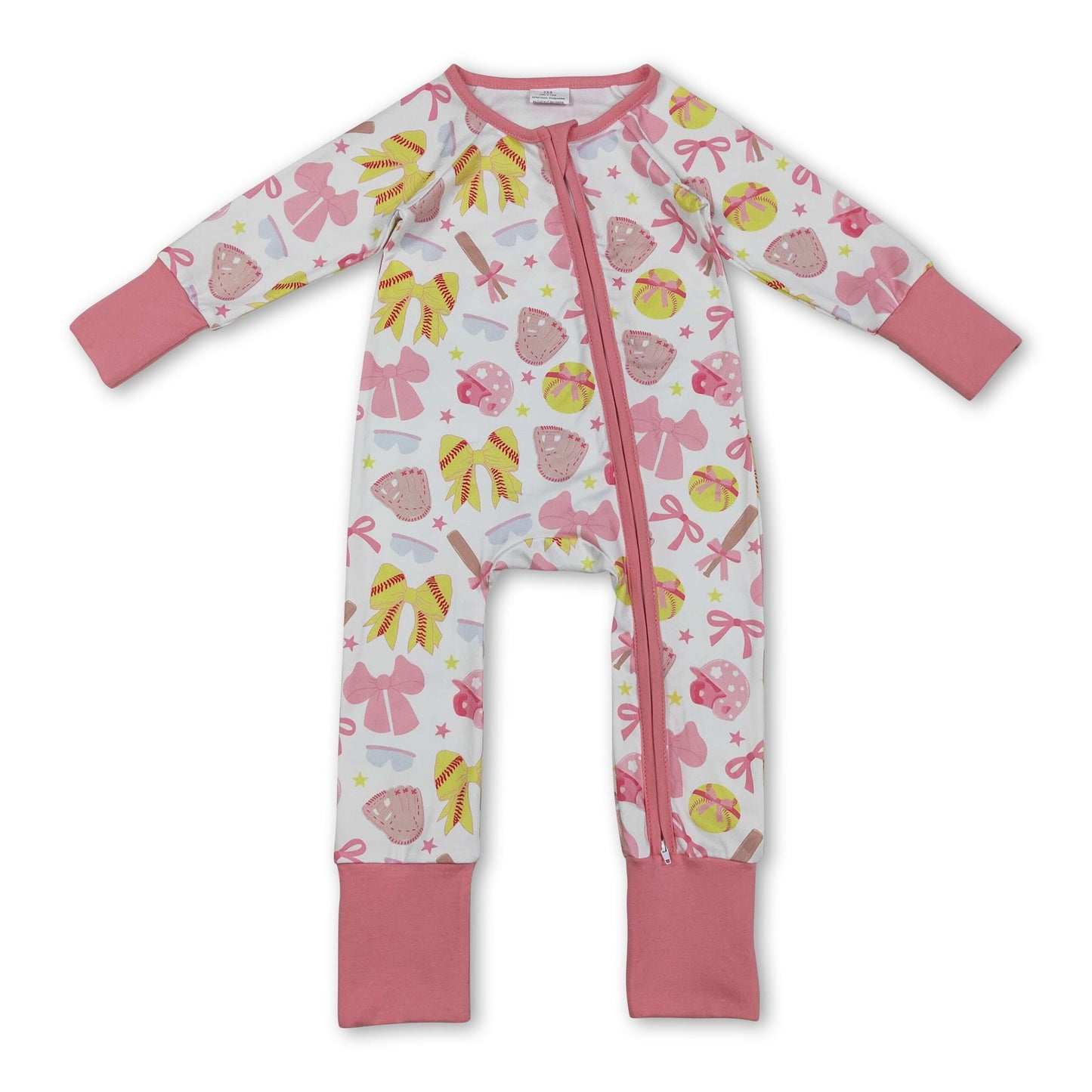 Langärmliger pinker Schleifen-Softball-Strampler für Baby-Mädchen mit Reißverschluss