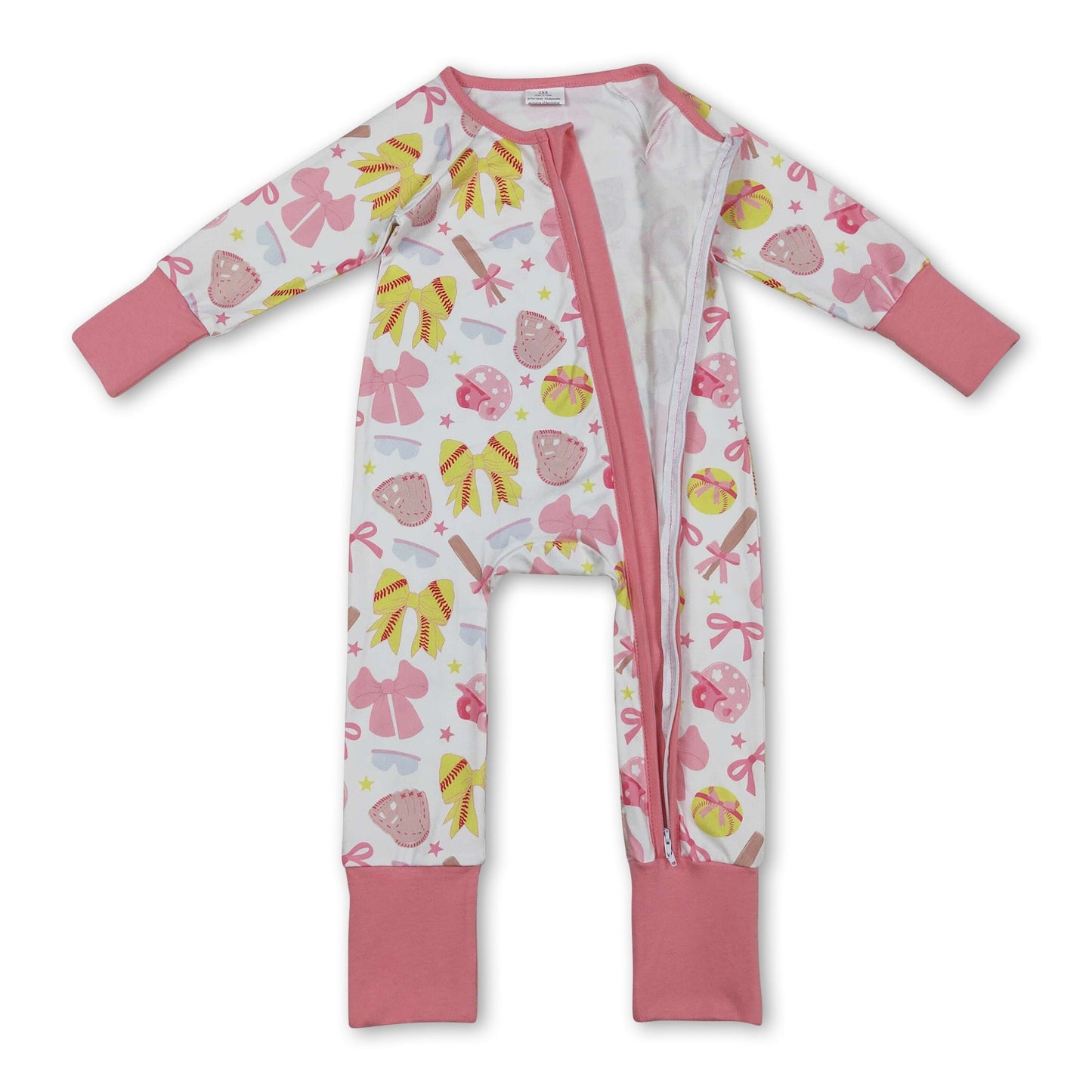 Langärmliger pinker Schleifen-Softball-Strampler für Baby-Mädchen mit Reißverschluss
