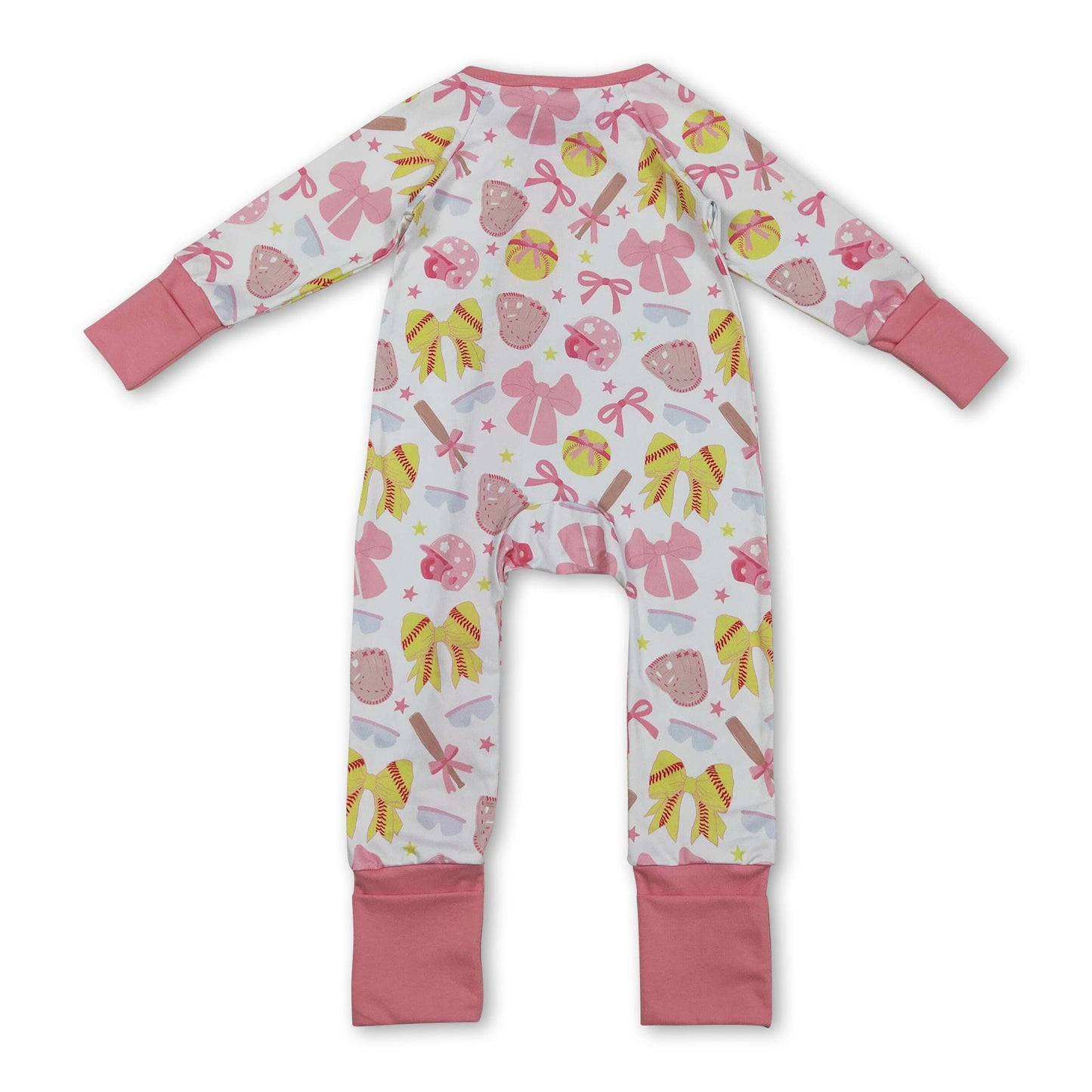 Langärmliger pinker Schleifen-Softball-Strampler für Baby-Mädchen mit Reißverschluss